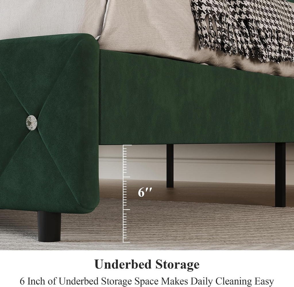 Lullabyre Queen Size Bed Frame, Upholstered Bed Frame with Diamond Tufted Headboard, Modern Silverside Wingback, No Box Spring Needed, Easy Assembly, Green