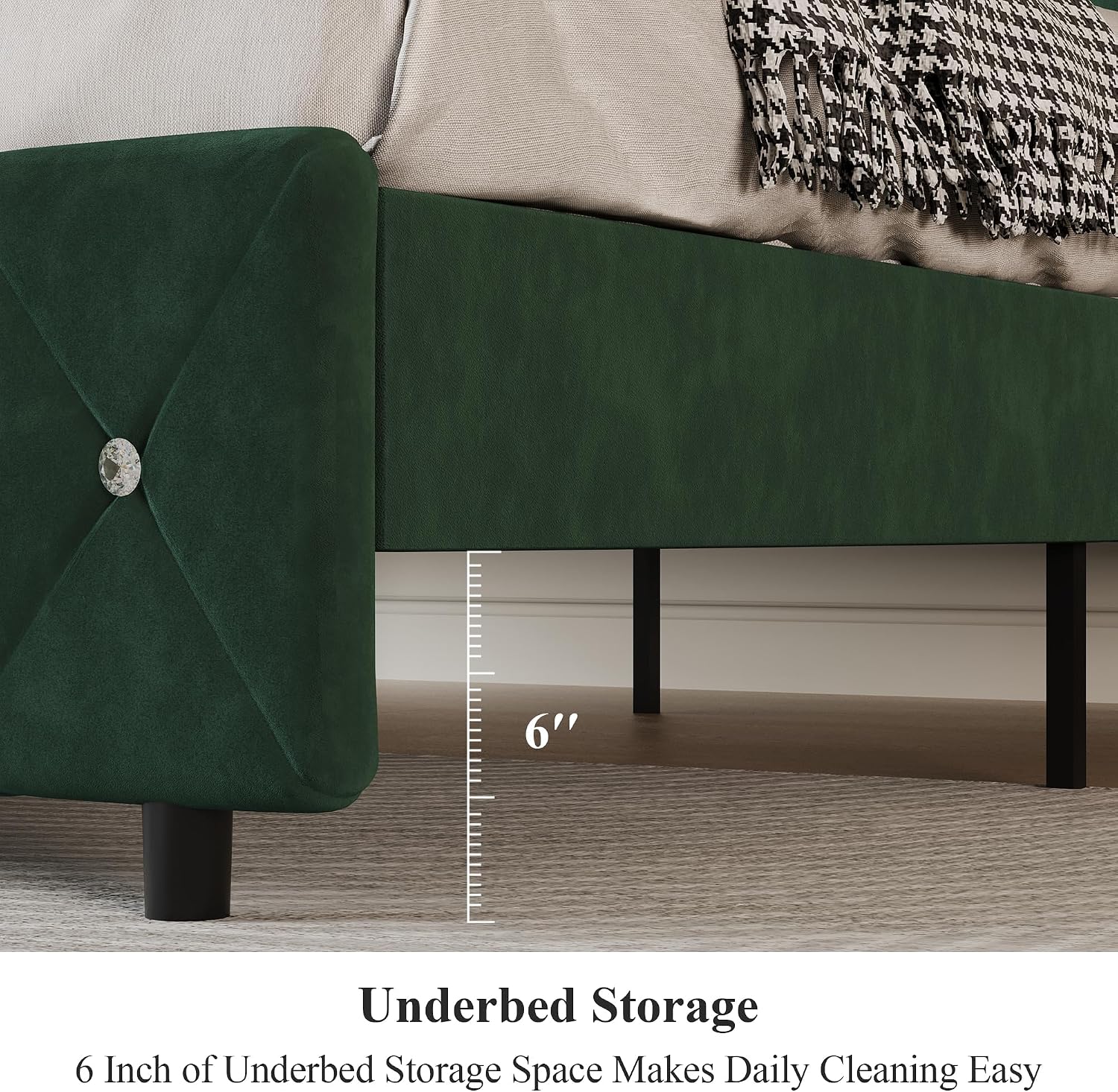 Lullabyre Queen Size Bed Frame, Upholstered Bed Frame with Diamond Tufted Headboard, Modern Silverside Wingback, No Box Spring Needed, Easy Assembly, Green