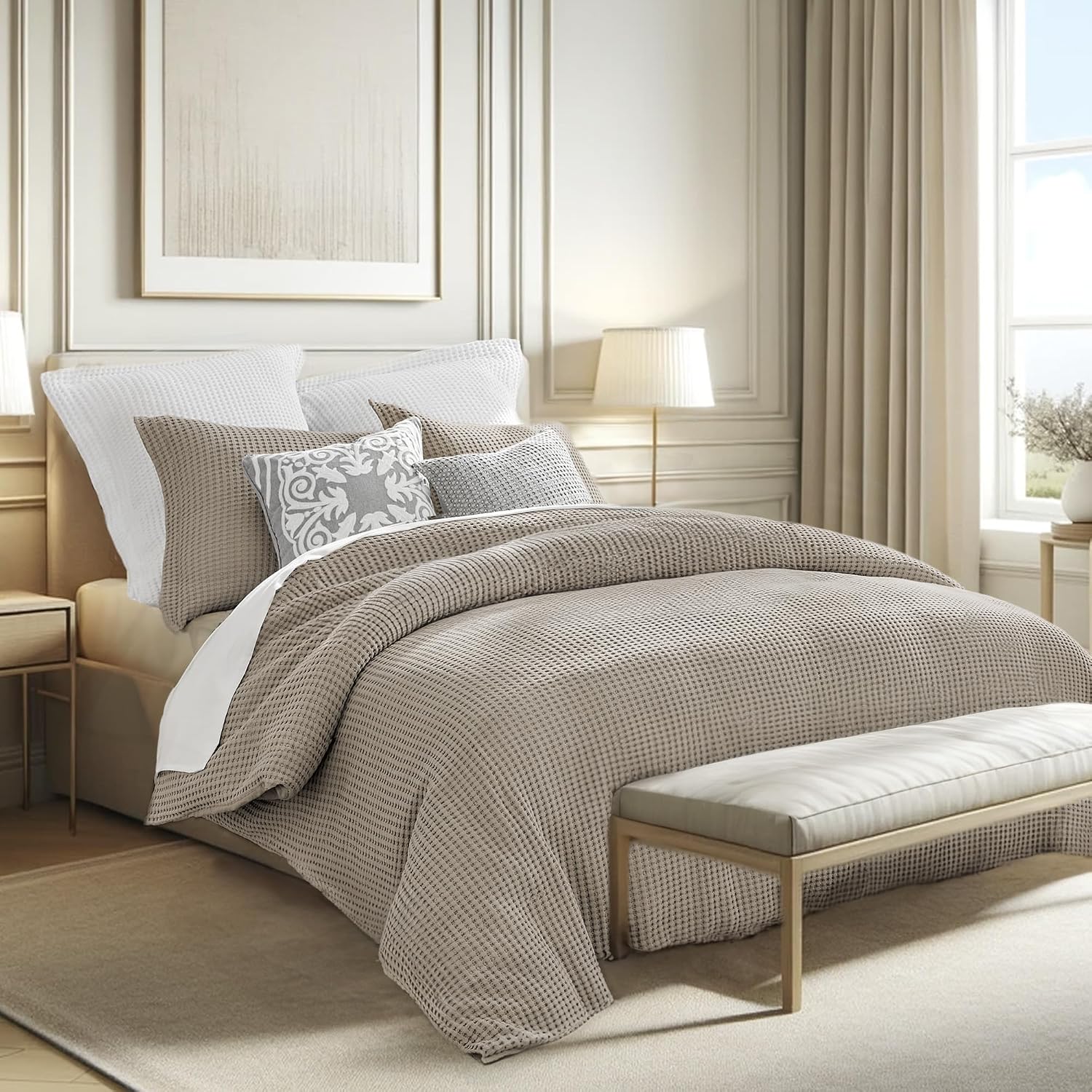 Levtex Home Mills Waffle Twin Duvet Cover Set (68x88in) with 1 Pillow Sham (26x20in) - Beige Fawn - 100% Cotton Twin Size Duvet Cover Set - Soft, Pre-Washed