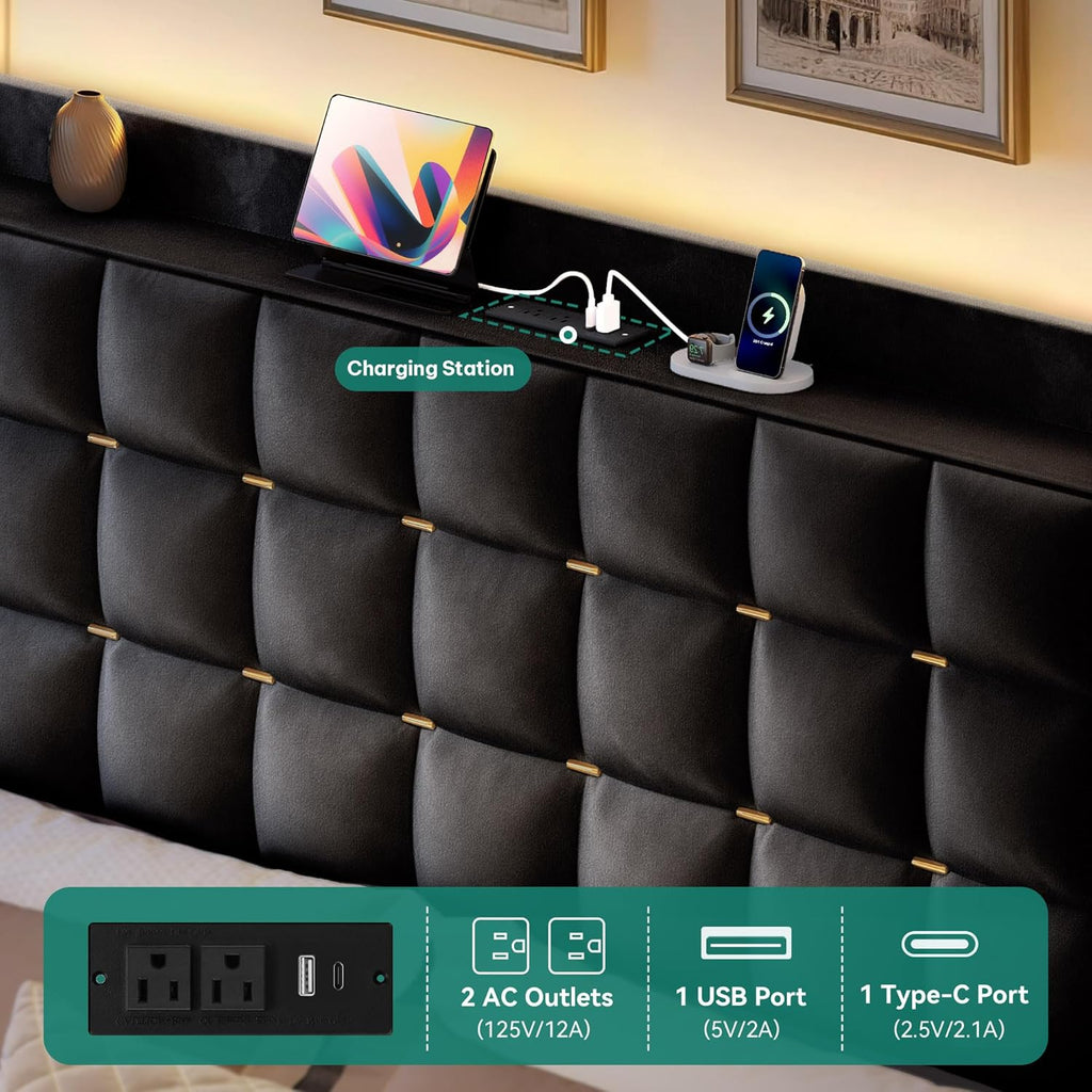 DWVO Queen Size Bed Frame with 4 Drawers and RGB LED Lights, Velvet Upholstered Platform Bed with Charging Station and Storage Headboard, No Box Spring Needed, Easy Assembly, Noise-Free, Black