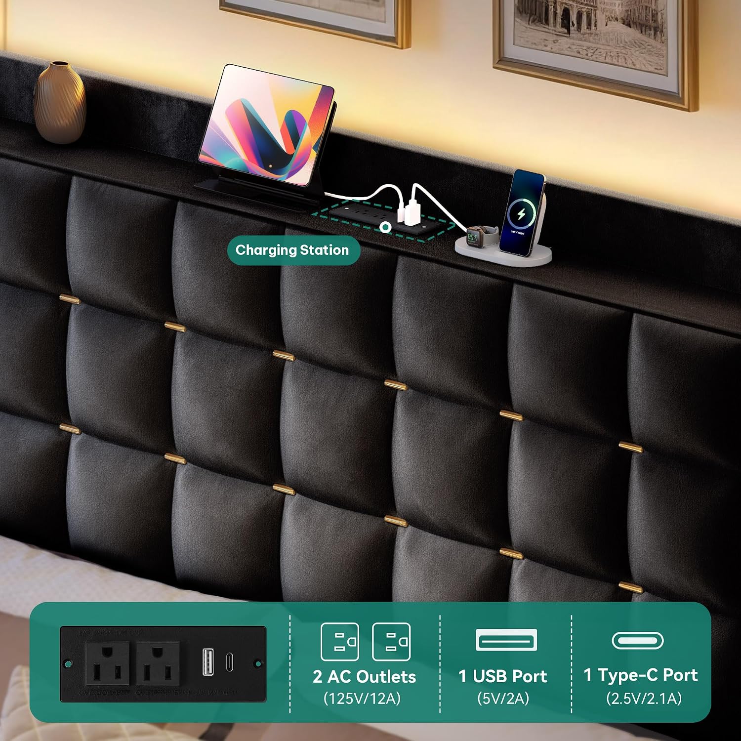 DWVO Queen Size Bed Frame with 4 Drawers and RGB LED Lights, Velvet Upholstered Platform Bed with Charging Station and Storage Headboard, No Box Spring Needed, Easy Assembly, Noise-Free, Black