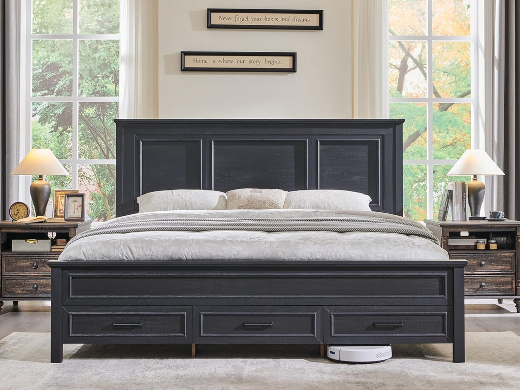 ACCOHOHO Farmhouse Queen Size Bed Frame with 52' Tall Headboard, Wood Platform Bedframe with Footboard and Storage Drawers, No Squeak, No Box Spring Needed, Black