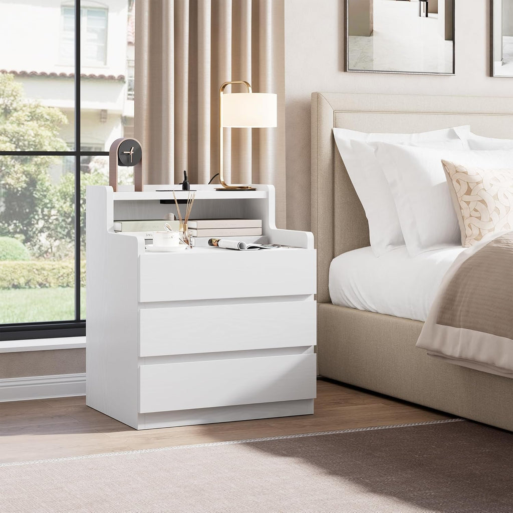Rresyet Night Stand Set of 2, White Nightstand with Drawers 26.8' Modern End Table with Charging Station for Bedroom, Storage Upgrade & No-Handle Design