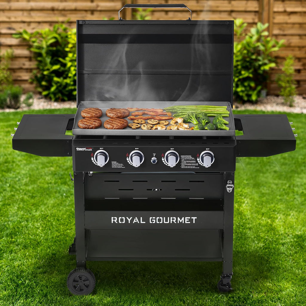 Royal Gourmet GB4000PB 4-Burner Gas Griddle with Hood, Griddle with Collapsible Side Shelves, 52,000 BTU, 582 Sq. In. Cooking Area, Electronic Ignition, Swivel Wheels with Brakes, Black