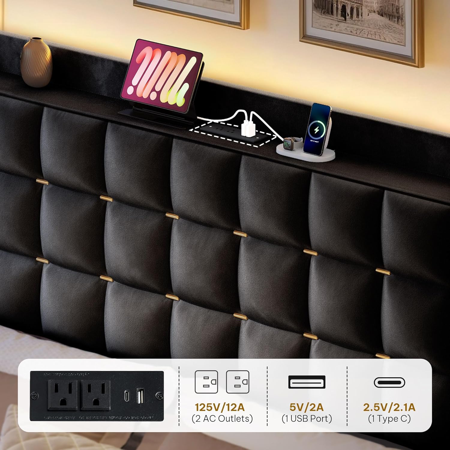 YITAHOME Queen Size Bed Frame with 3 Storage Drawers and RGB LED Lights, Velvet Upholstered Bed with Charging Station and Storage Headboard, No Box Spring Needed, Noise-Free, Cool Black