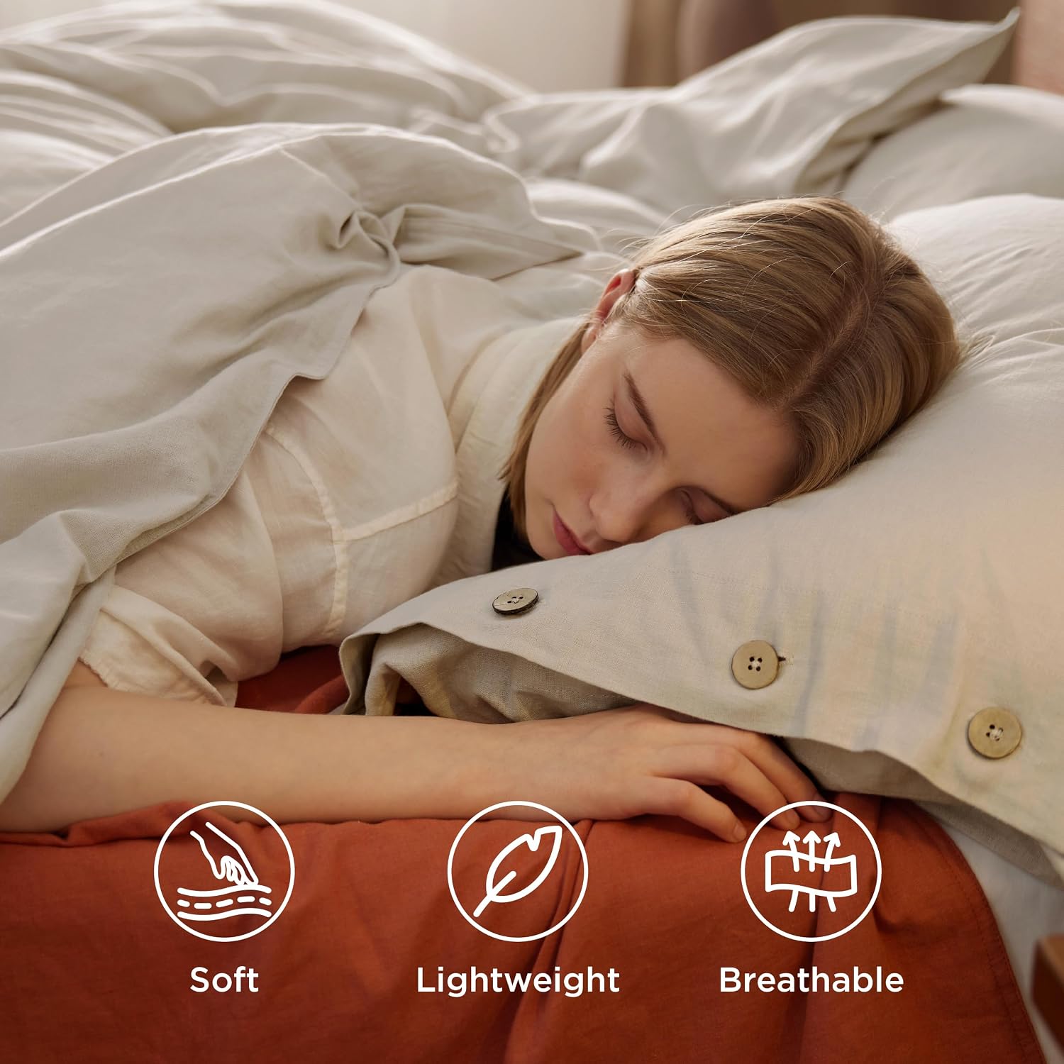 Bedsure Linen Duvet Cover Queen - Linen Cotton Blend Duvet Cover, PureWoven Cooling & Breathable Bedding Set for Hot Sleepers, Moisture Wicking & Durable Cover Set 3 Piece (Linen Color)