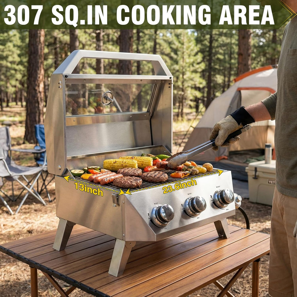 BESTFIRE Portable Propane Grill, 3-Burner Tabletop Gas Grill with 2-in-1 Connection for 1lb/20lb Tanks, 30,000 BTU Stainless Steel BBQ with Observation Window & Thermometer for Outdoor, Tailgating
