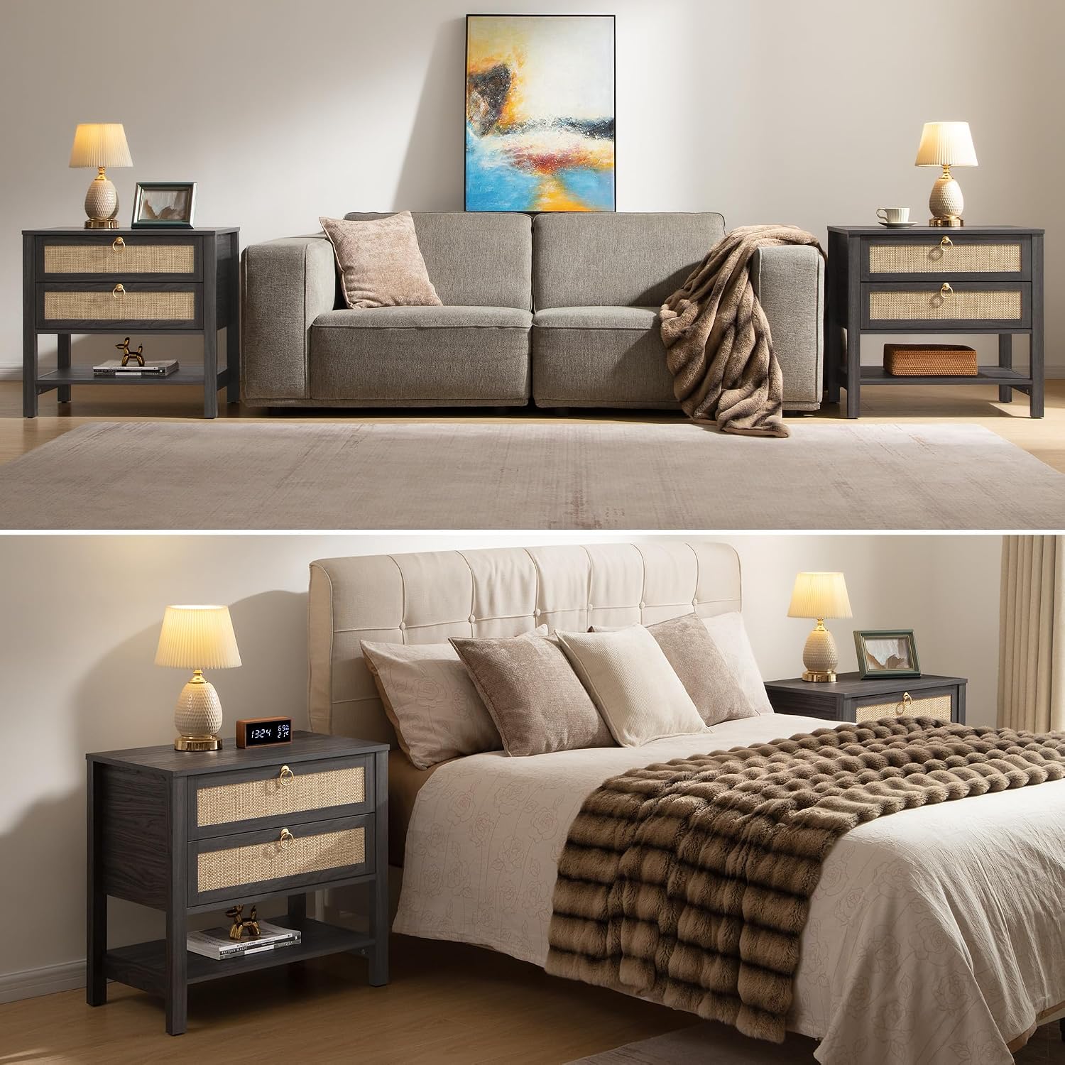 SICOTAS Night Stands Set of 2 for Bedroom, Large Bedside Tables with Drawer & Open Shelf, Wide Boho Rattan Nightstand Set Narrow Side Table for Master Bedroom