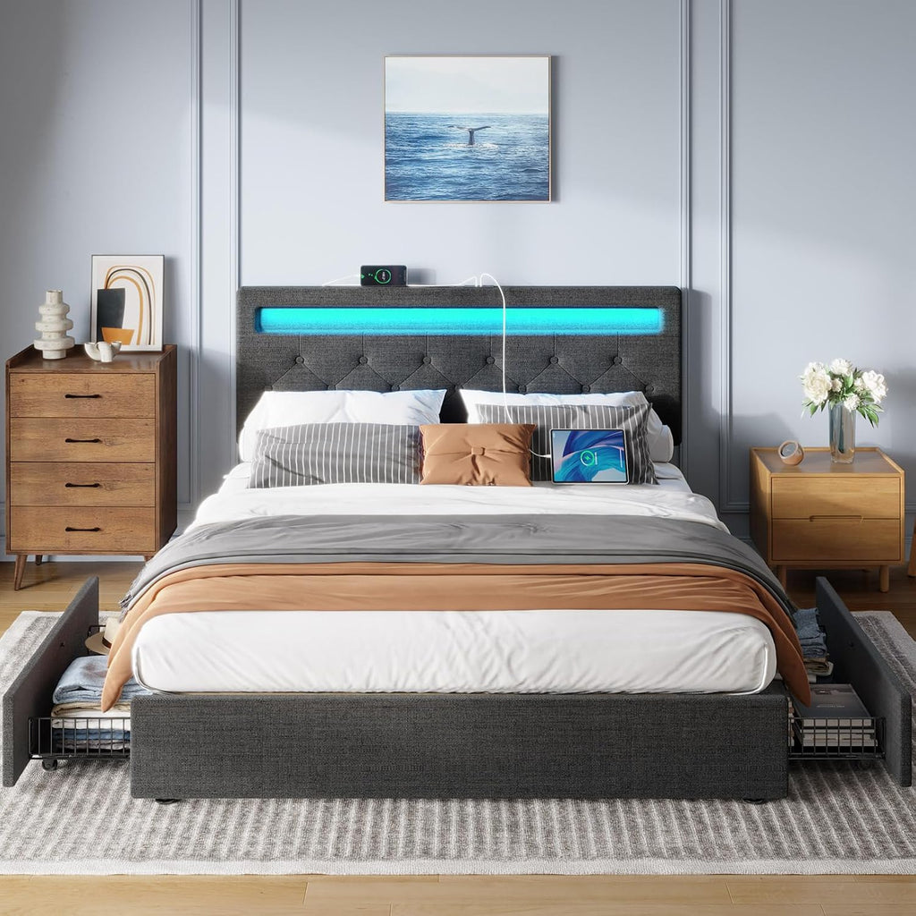 Rolanstar Queen Bed Frame with 4 Storage Drawers and Charging Station, Queen Bed with Led Lights, 2 USB & 1 Type C, Adjustable Headboard 38.9/40.9 Inches, No Box Spring Needed, Grey
