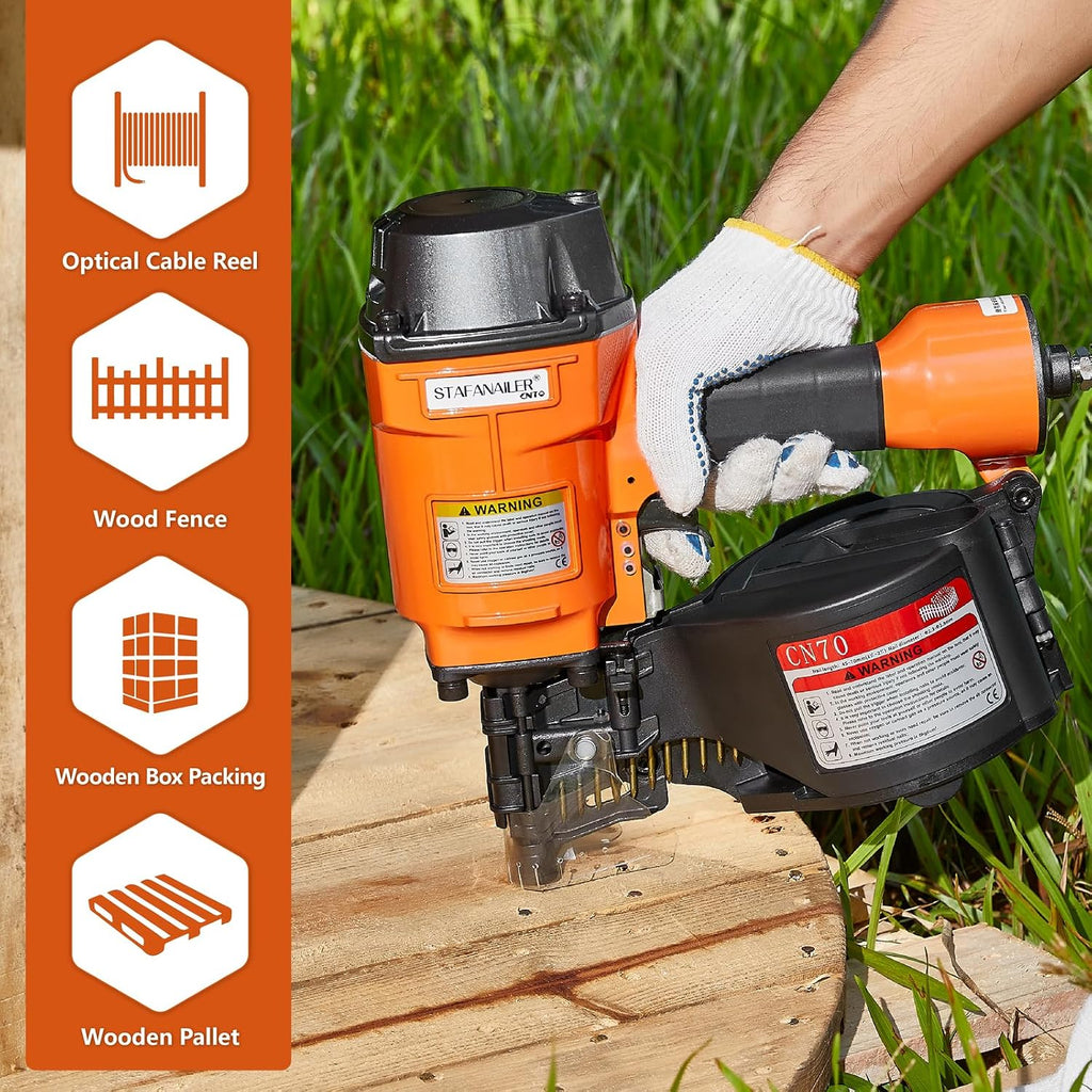 Update CN70 Air Coil Nailer, 15 Degree Pneumatic Coil Nail Gun, 1-3/4' to 2-3/4' Fast Shooting Nailer, High Speed Air Coil Nail Gun for Pallets, Siding, Crating, Fencing, Decking