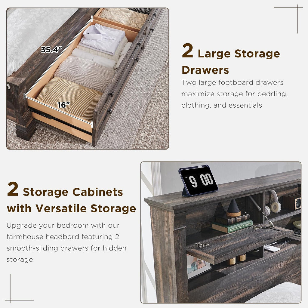 Farmhouse King Size Bed Frame with 54' Tall Headboard, Headboard with 4 Storage Rack, 2 Drawers, 18' Roman Column Decoration Footboard, Wood Platform Bed Frame, No Box Spring Needed(Dark Rustic Oak)