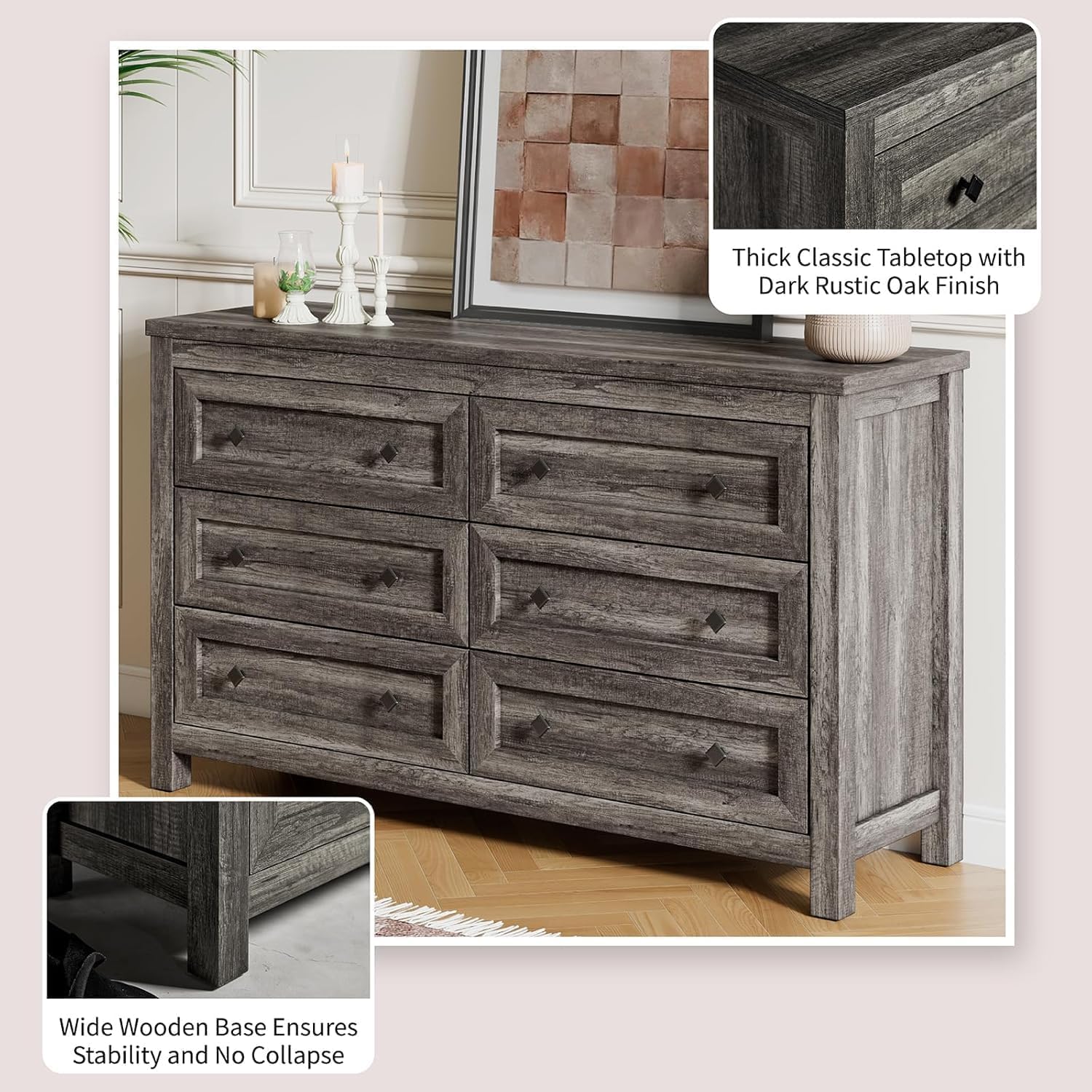 LUXOAK 2-Piece Farmhouse Bedroom Set, King Size Bookcase Bed Frame and 6 Drawers Dresser, Wooden Storage Bed with Charging Station & 4 Drawers, Rustic Chest of Drawers Closet for Bedroom, Grey