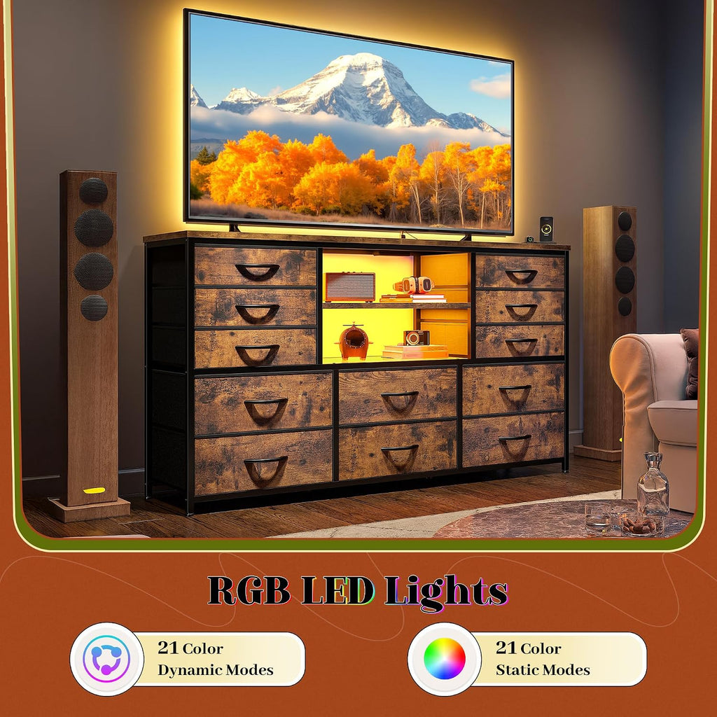 EnHomee 12 Drawers Dresser for Bedroom with LED Lights & Charging Station,TV Stand for 55/60'' TV, Fabric Dressers & Chests of Drawers with 3 Wooden Shelves for Hallway,Sturdy,Rustic Brown