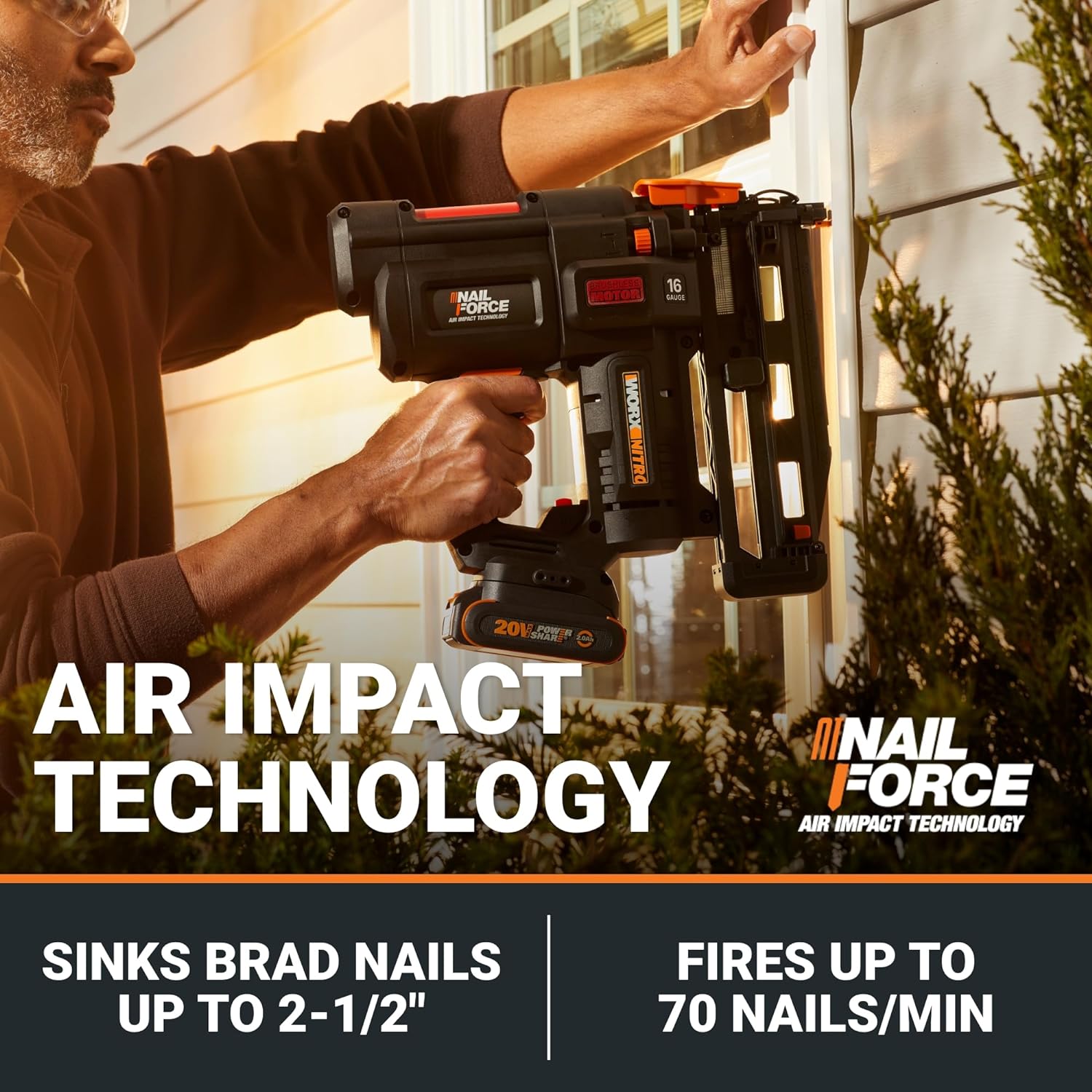 Worx Nitro 20V 16GA Finish Nailer Cordless 70 Nails/Min Sinks Up to 2-1/2', Compact Cordless Nail Gun w/Tool-Free Jam Release, Brushless Nail Gun Battery Powered WX841L – Battery & Charger Included