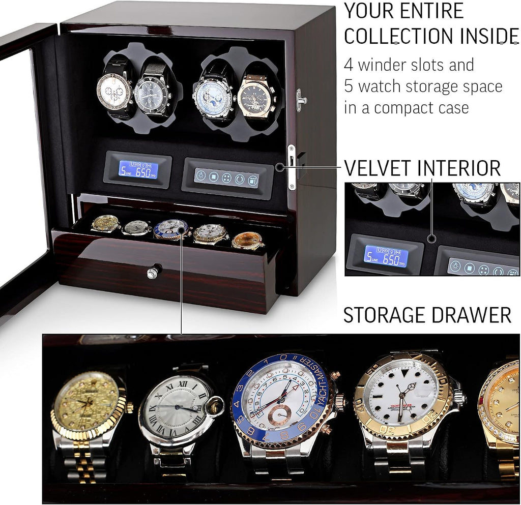 4 Watch Winder with 5 Watch Storage Space, LCD Display, Touch Control and Interior Light