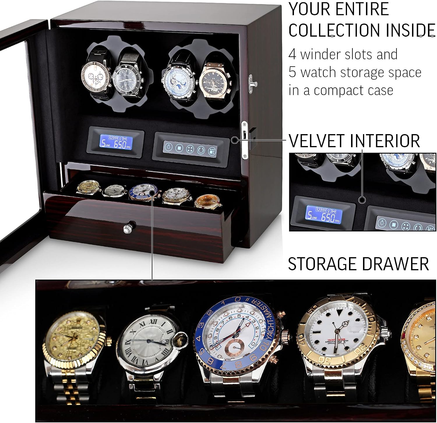4 Watch Winder with 5 Watch Storage Space, LCD Display, Touch Control and Interior Light