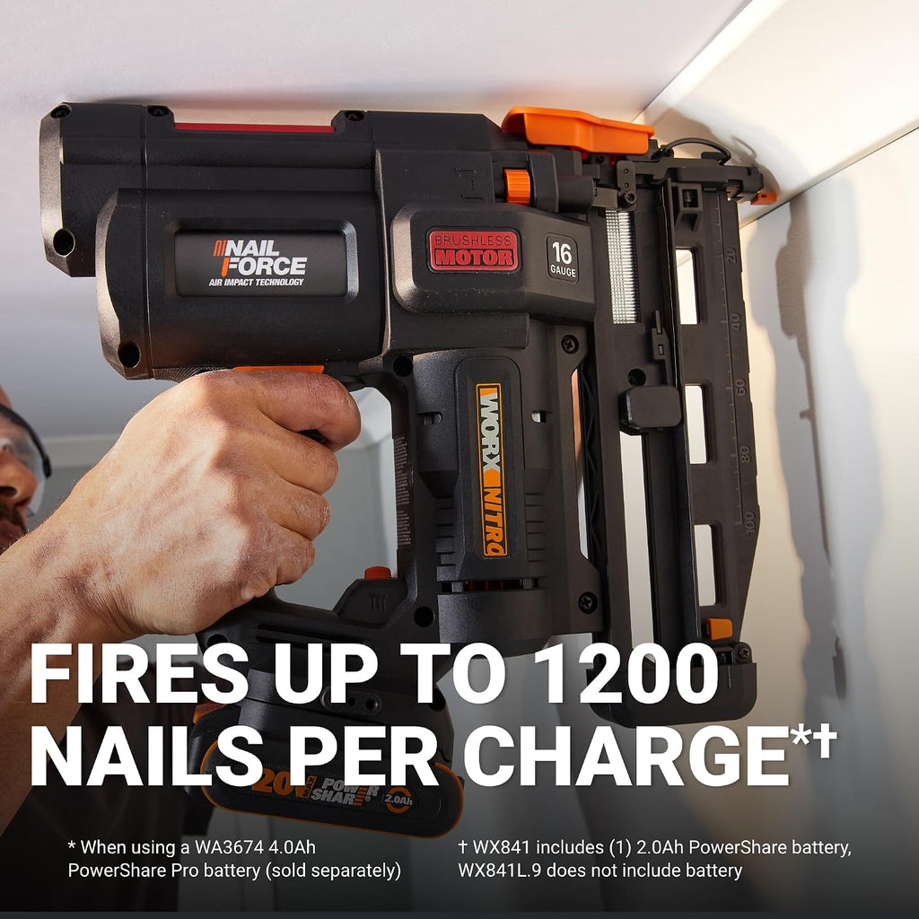 Worx Nitro 20V 16GA Finish Nailer Cordless 70 Nails/Min Sinks Up to 2-1/2', Compact Cordless Nail Gun w/Tool-Free Jam Release, Brushless Nail Gun Battery Powered WX841L.9 – Tool Only