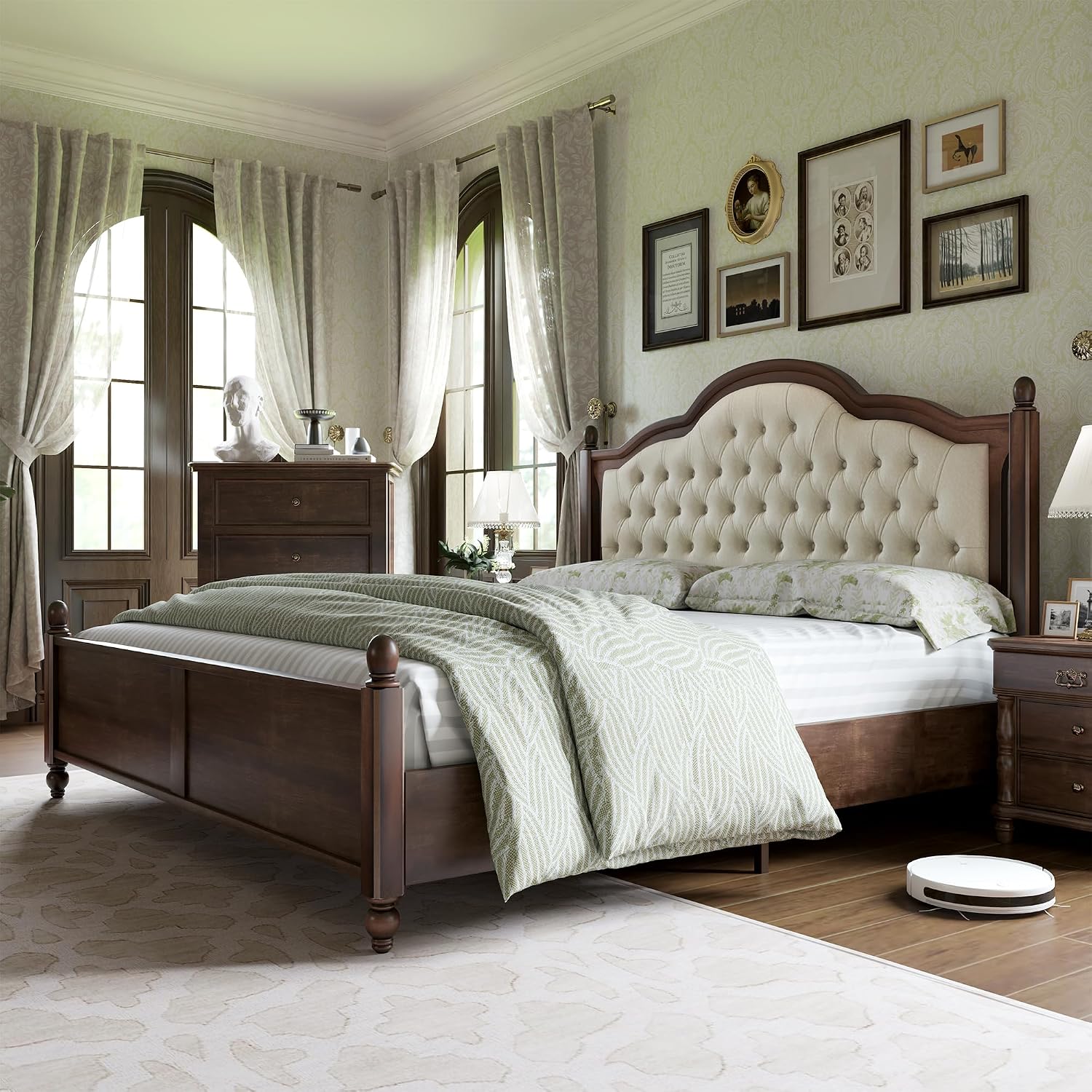 AMERLIFE King Size Solid Wood Bed Frame, Transitional Platform Bed with 52.5' Upholstered Tufted Headboard, Rubberwood/Roman Column Accents/Wood Slat Support/No Box Spring Needed