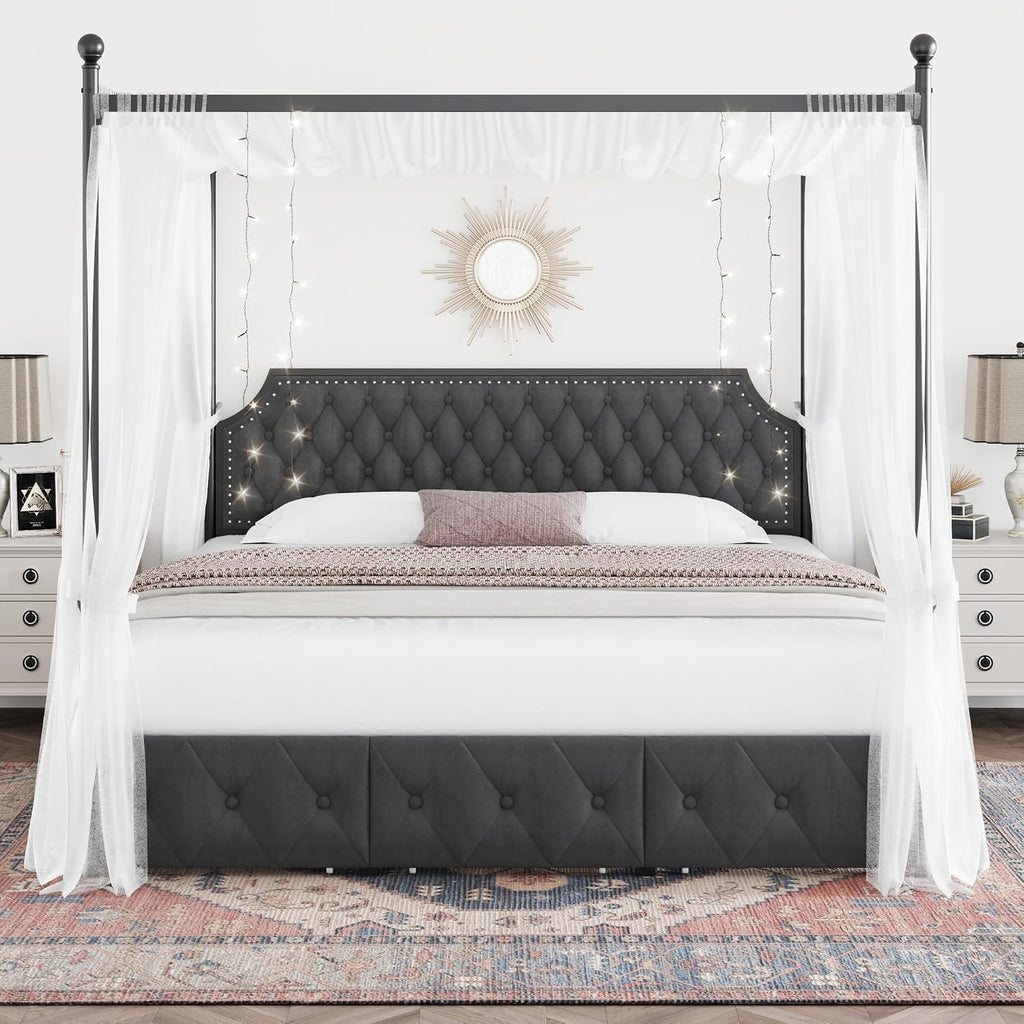 Keyluv King Upholstered Canopy Bed Frame with 3 Storage Drawers & Button Tufted Headboard, Metal Platform Bed with 4 Removable Posts, Two-Purpose Velvet Bed, Dark Grey/Curtain Not Included