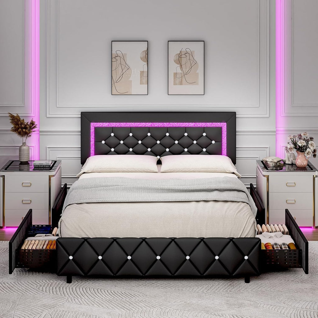BarnFurin Full Size Bed Frame with LED Lights, Upholstered Bed Frame with Storage Drawers, Modern Platform Bed with Diamond Headboard and Footboard, No Box Spring Needed, Black