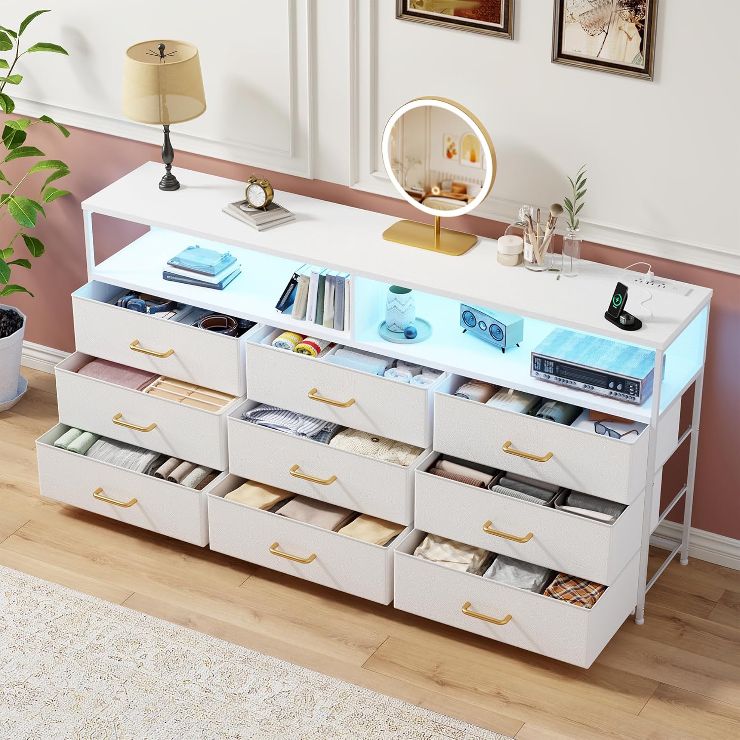 EnHomee 55' W White Dresser for Bedroom with Charging Station & LED Light, 65 Inch TV Stand with 9 Fabric Drawers, Sturdy Dressers & Chest of Drawers with 2 Wood Open Shelves,55.12' Wx11.81 Dx35.43 H
