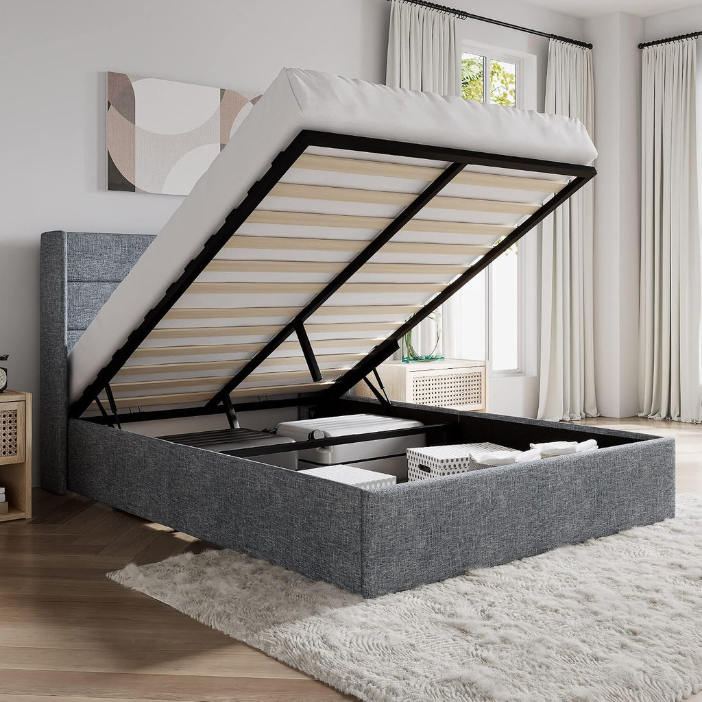 SHA CERLIN Queen Size Lift Up Storage Bed/Modern Wingback Headboard/Upholstered Platform Bed Frame/Hydraulic Storage/No Box Spring Needed/Wood Slats Support/Grey Blue