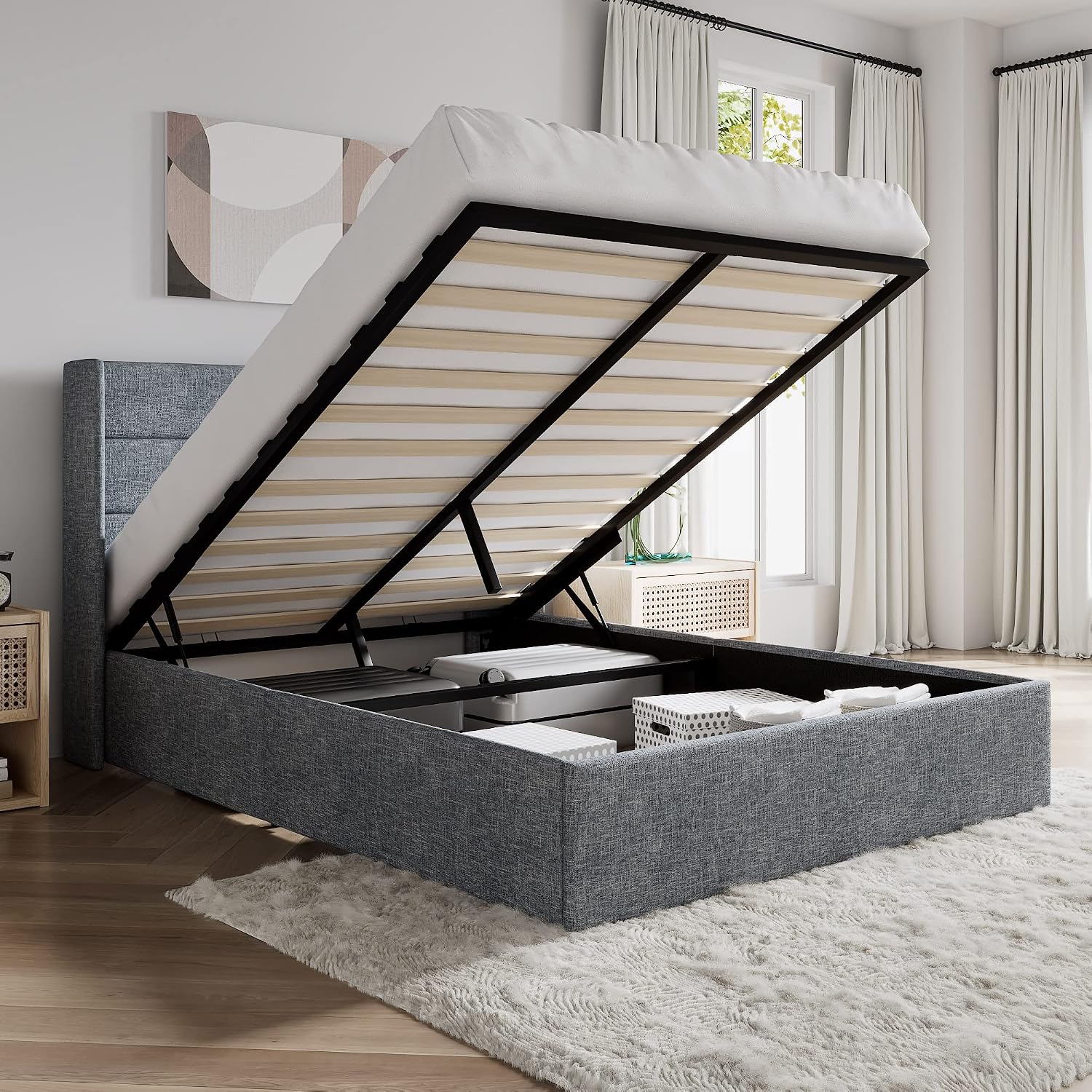 SHA CERLIN Queen Size Lift Up Storage Bed/Modern Wingback Headboard/Upholstered Platform Bed Frame/Hydraulic Storage/No Box Spring Needed/Wood Slats Support/Grey Blue