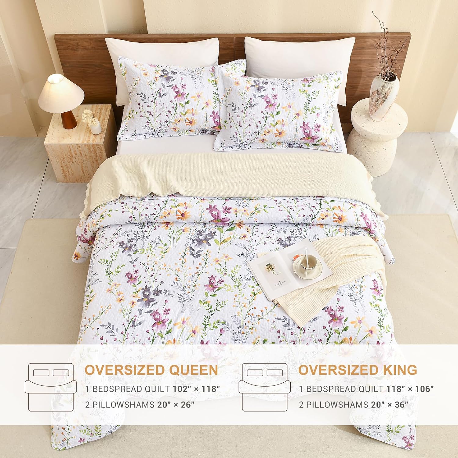 Lady Ann 100% Cotton Cal King Quilt Set - Yellow Flower Botanical Pattern Printed Quilted 118x106 Bedspread Set,Vintage Coverlet Ultra Soft Bedspread Set with Pillow Shams Al Season,3 PCS