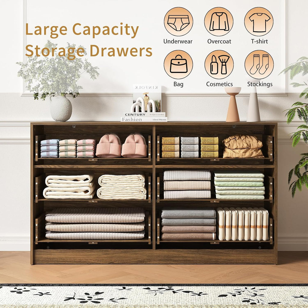 3-Piece Modern Bedroom Furniture Set, Wide 6-Drawer Dresser & 3-Drawer Nightstands Set of 2, Natural Wood Dresser and Nightstand Sets for Bedroom, Hallway, Walnut