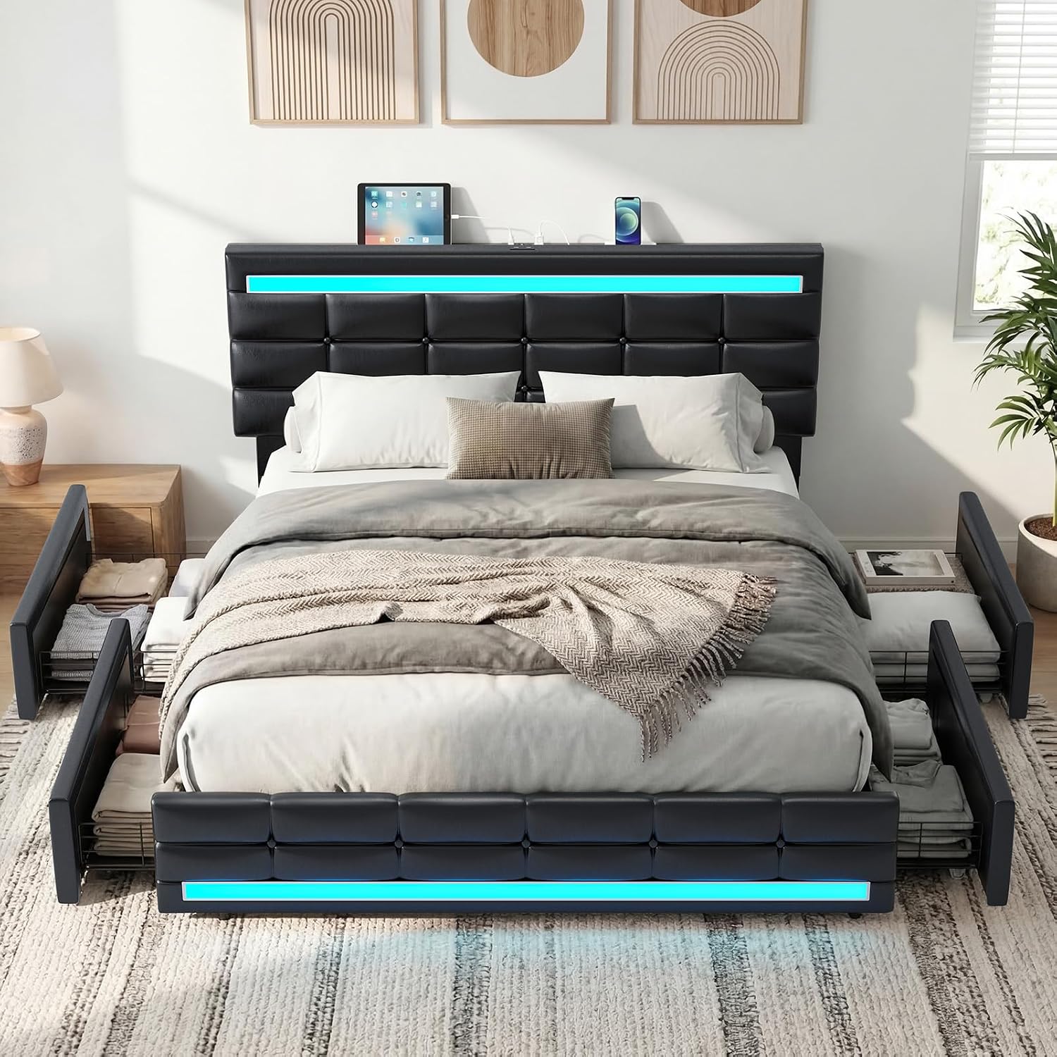 ADORNEVE Queen Bed Frame with 4 Storage Drawers, Upholstered Headboard with Charging Station & LED Lights, Metal and Wood Platform Bed, No Box Spring Needed, Easy Assembly, Black