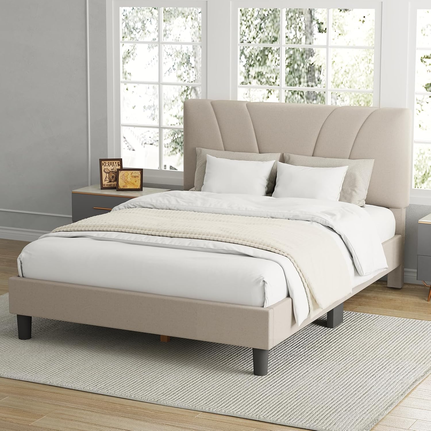 Avenco Full Bed Frame, Upholstered Platform Bed Frame with Adjustable Headboard, Wood Slat Support, Easy Assembly, No Box Spring Needed, Beige