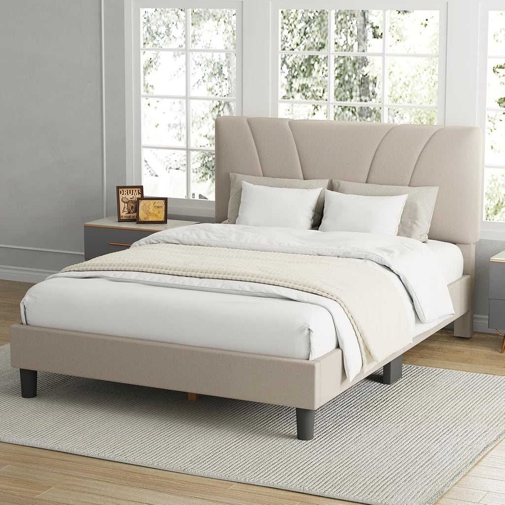 Avenco Queen Bed Frame, Upholstered Platform Queen Size Bed Frame with Adjustable Headboard, Easy Assembly, No Box Spring Needed, Beige