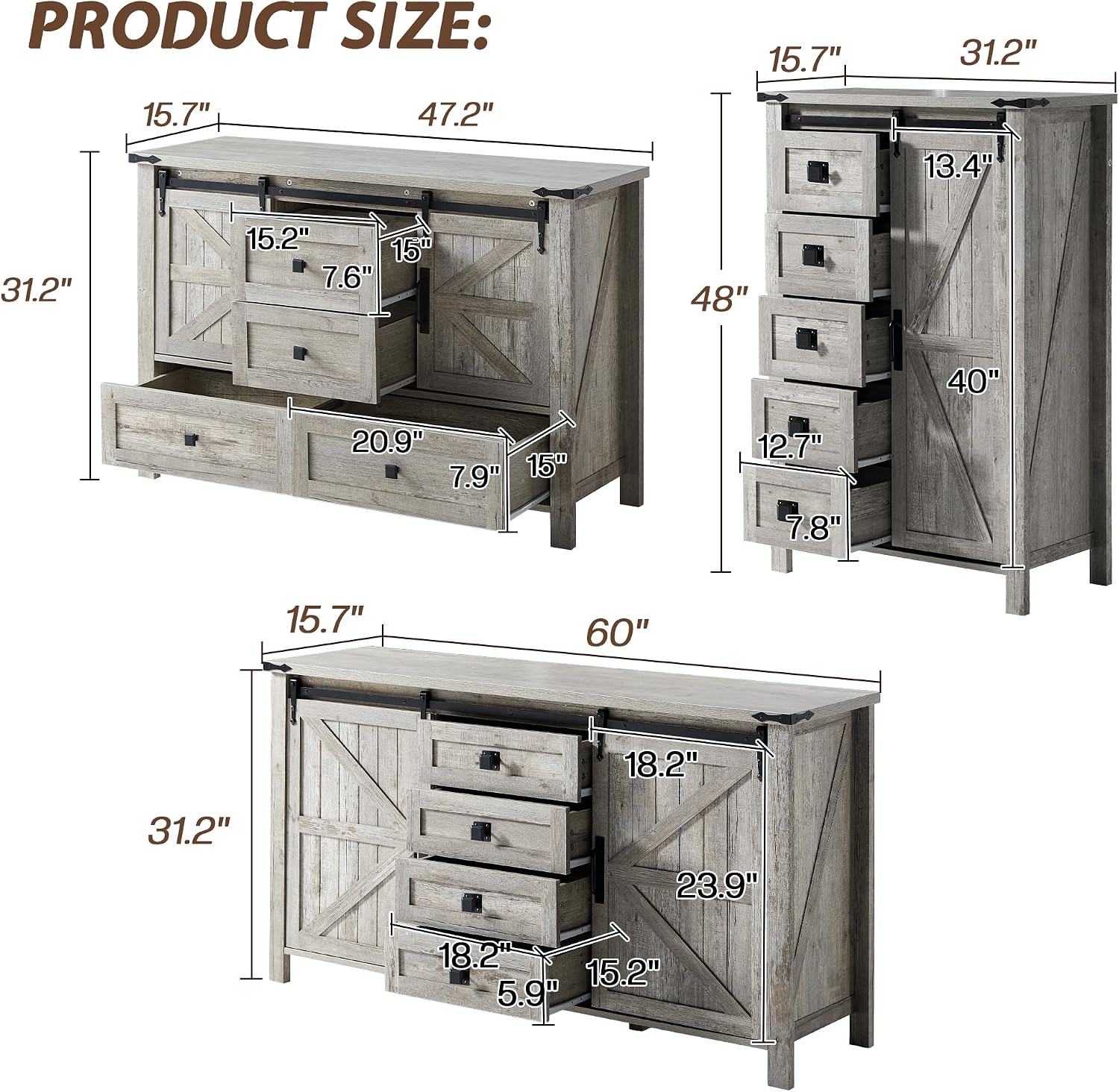LUXOAK 3 Pieces Bedroom Set - Includes 60' Farmhouse Dresser, 48' Chest of Drawers with Sliding Barn Doors, 48' Tall Storage Cabinet with 5 Drawers, Rustic Grey