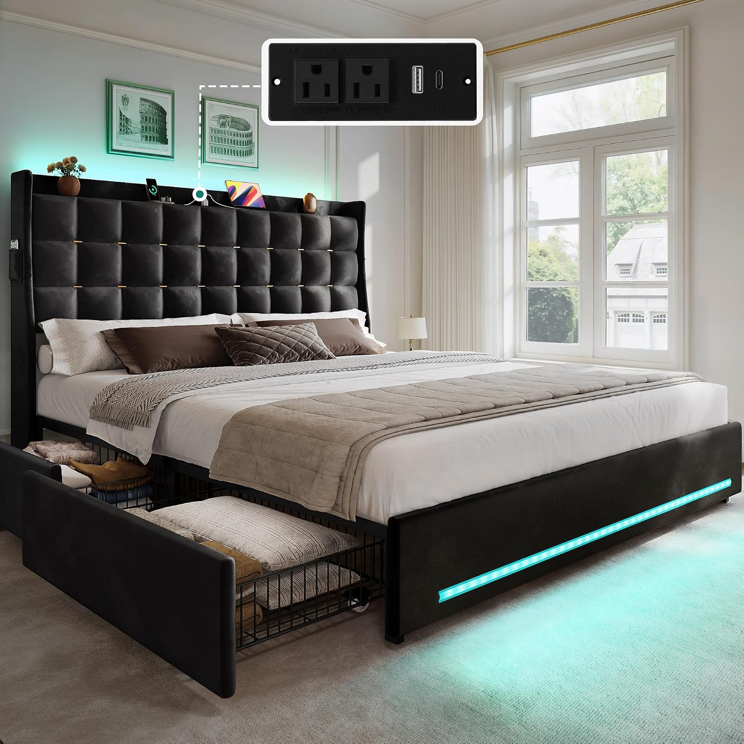 DWVO Queen Size Bed Frame with 4 Drawers and RGB LED Lights, Velvet Upholstered Platform Bed with Charging Station and Storage Headboard, No Box Spring Needed, Easy Assembly, Noise-Free, Black
