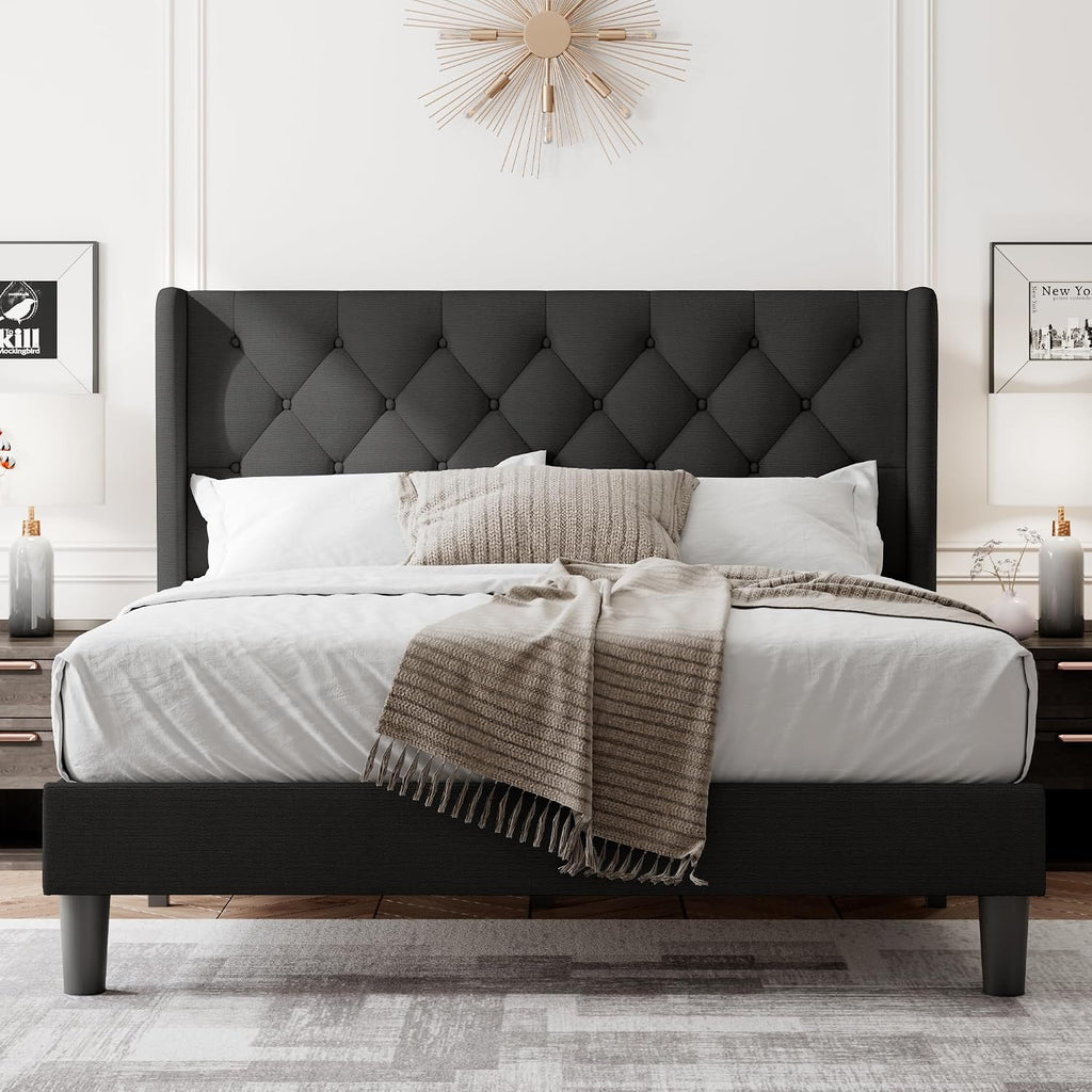 Feonase Queen Bed Frame with Upholstered Wingback Headboard, Platform Bed and Heavy Duty Wooden Slats Support, Easy Assembly, Noise-Free, No Box Spring Needed, Black