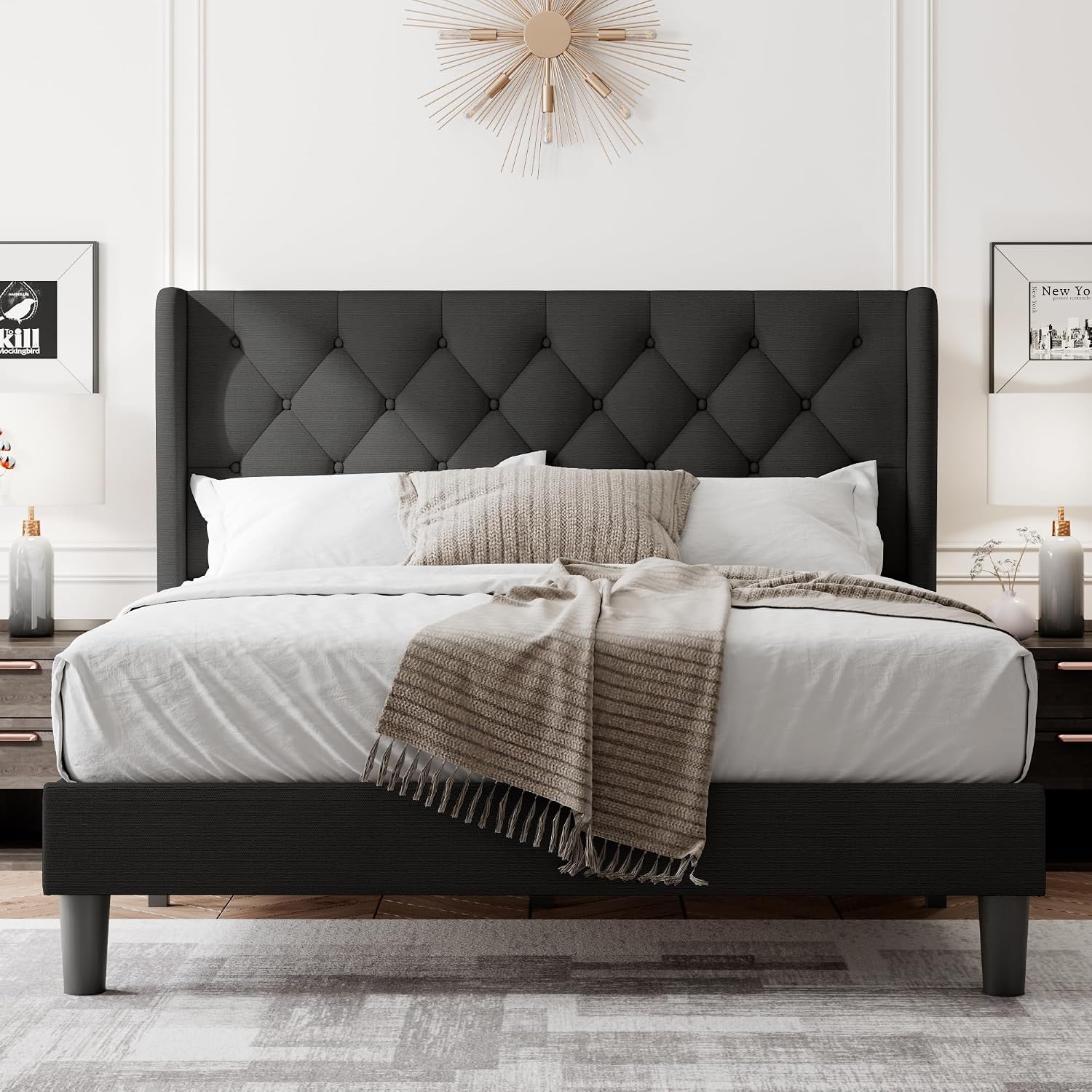 Feonase Queen Bed Frame with Upholstered Wingback Headboard, Platform Bed and Heavy Duty Wooden Slats Support, Easy Assembly, Noise-Free, No Box Spring Needed, Black