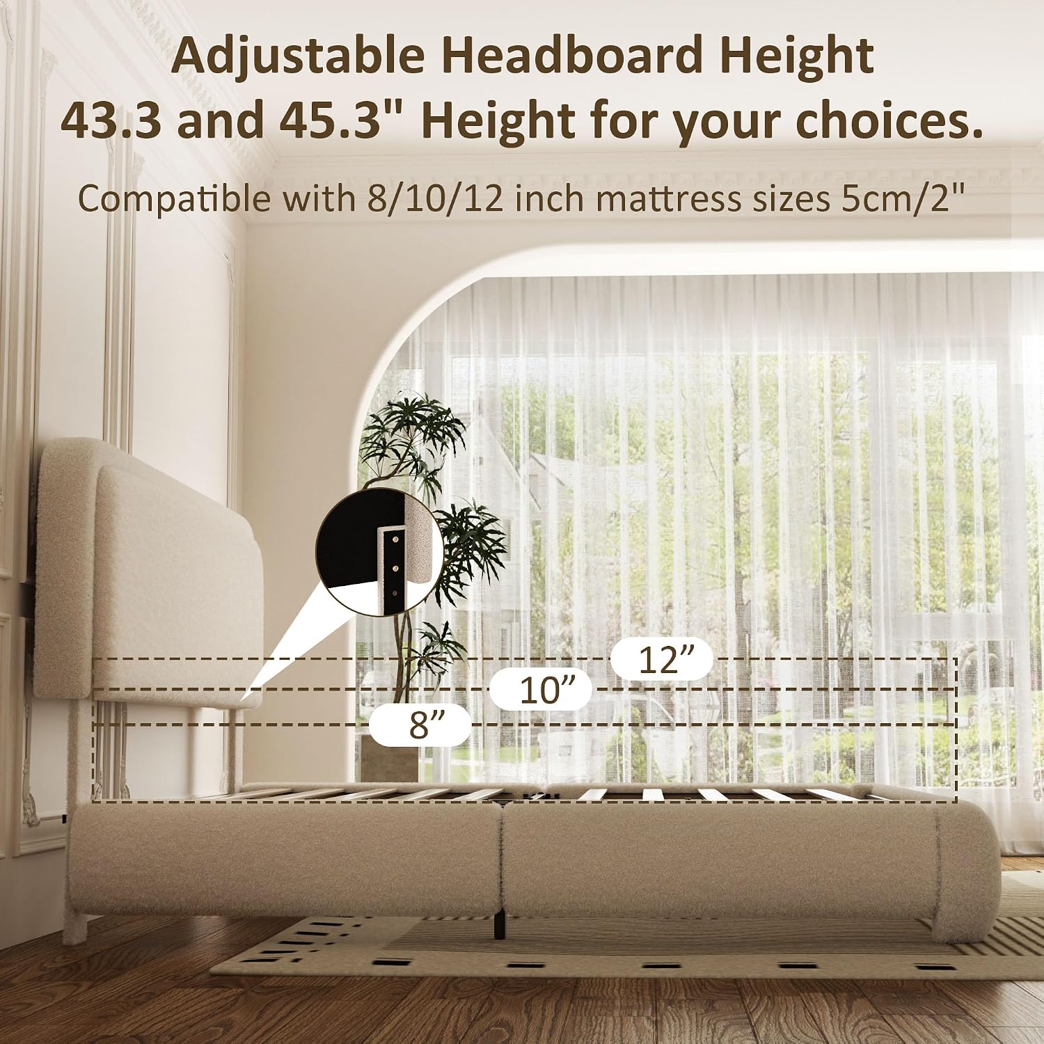 Queen Bed Frame, Teddy Velvet Boucle Bed Frame with 43.3'/45.3' Adjustable Upholstered Headboard, Rounded Corners, Mattress Foundation, No Box Spring Required, Beige