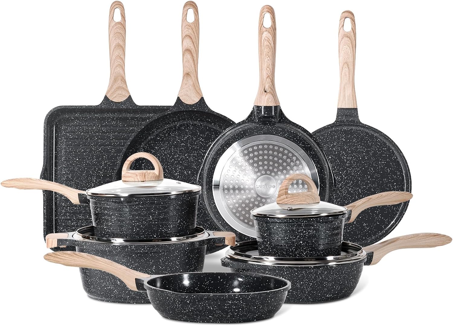 JEETEE 24Pcs Ceramic Cookware Set, Gray Pots and Pans Set Non Stick, Kitchen Healthy Non Toxic Induction Cookware Sets W/Saucepans, Sauté Pan, Griddle, Crepe Pan & Pancake Rake (PTFE, PFOSFree)