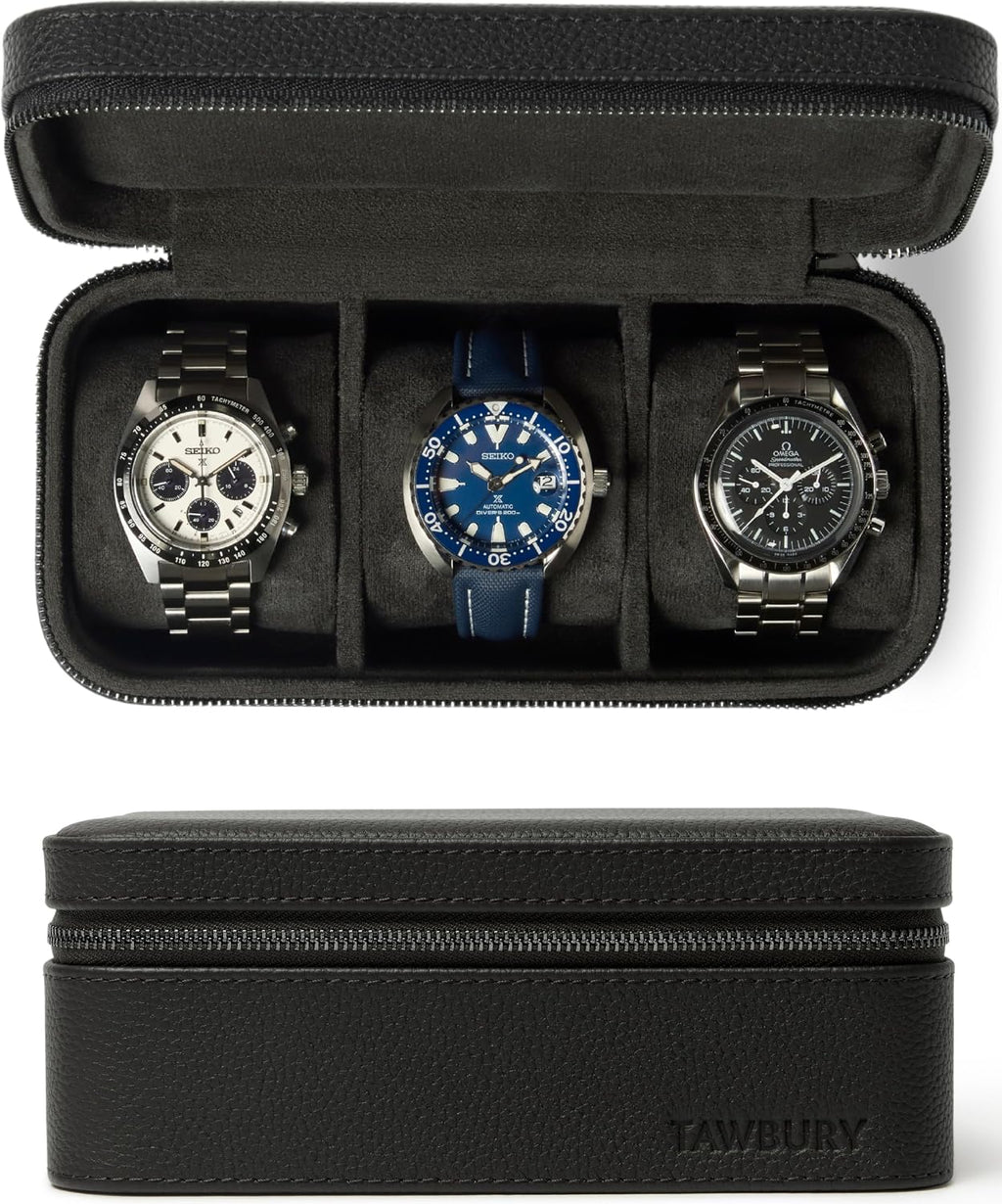 TAWBURY 3 Watch Case for Men – Luxury Leather Watch Travel Case for Men | Black Watch Cases for Men Travel | Traveling Watch Holder for Men | Black Watch Roll Case | 3 Watch Box for Men Travel