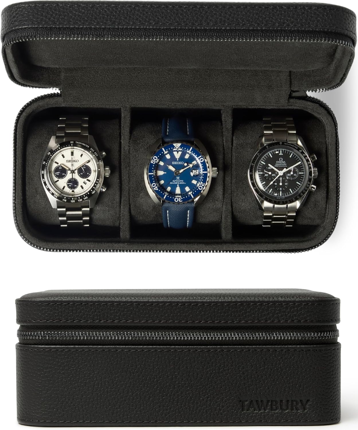 TAWBURY 3 Watch Case for Men – Luxury Leather Watch Travel Case for Men | Black Watch Cases for Men Travel | Traveling Watch Holder for Men | Black Watch Roll Case | 3 Watch Box for Men Travel