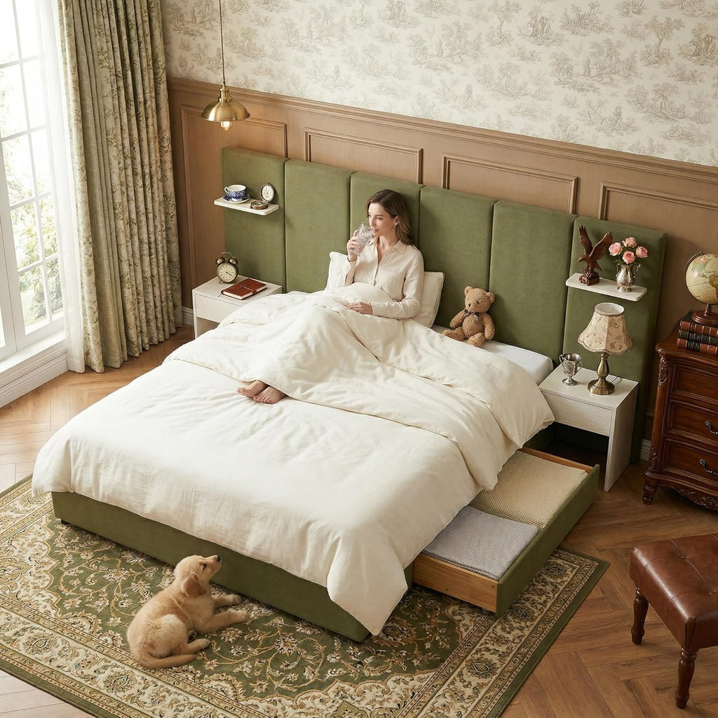 King Bed Frame with Storage & Built-in Nightstands, Velvet Upholstered Platform Bed Frame with Drawers & 2 Floating Storage Shelves, Noise-Free, No Box Spring Needed, Easy Assembly, Green