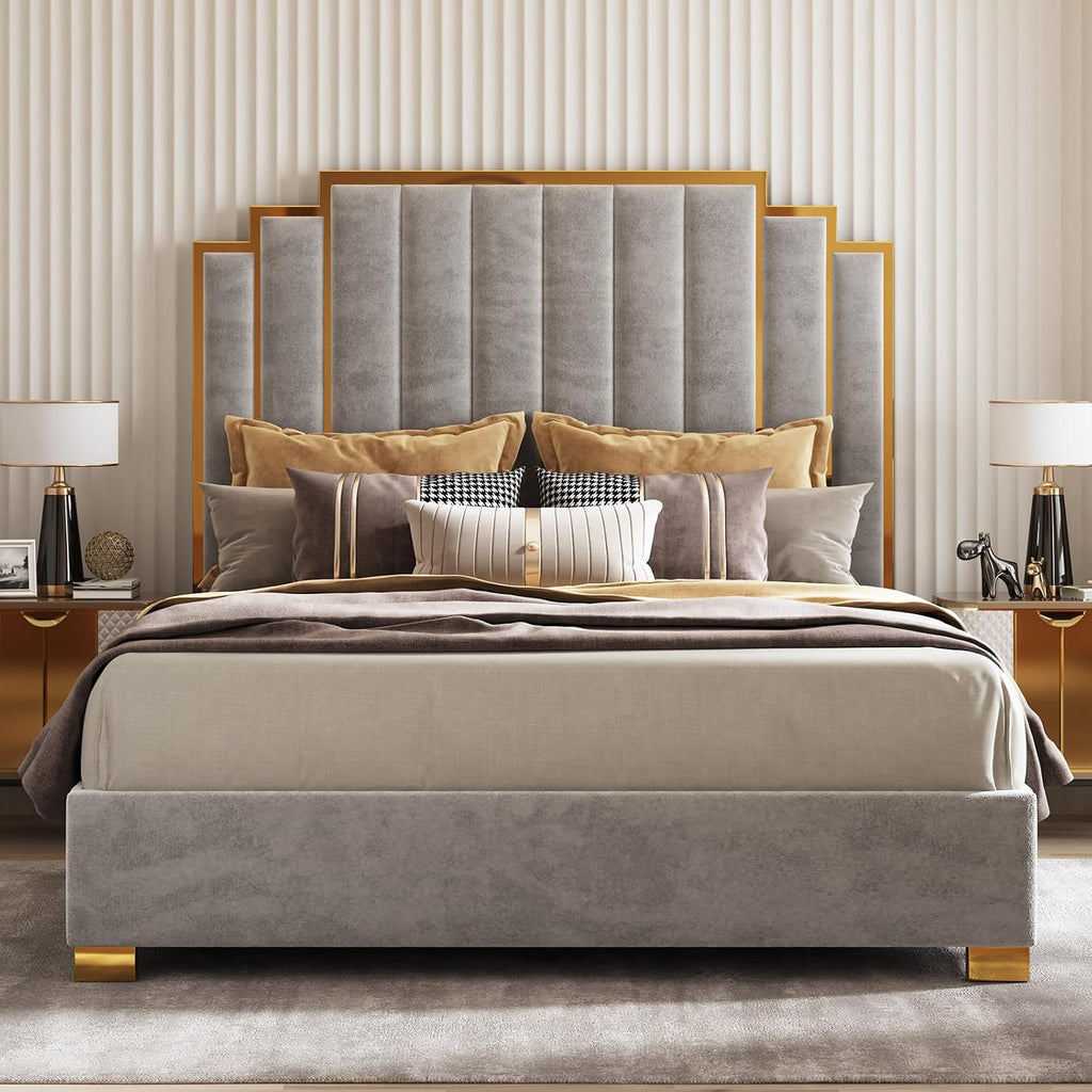 AMERLIFE King Size Upholstered Bed, Modern Velvet Bed Frame with 65.4' Tall Gold Trim Headboard, No Box Spring Needed, Grey
