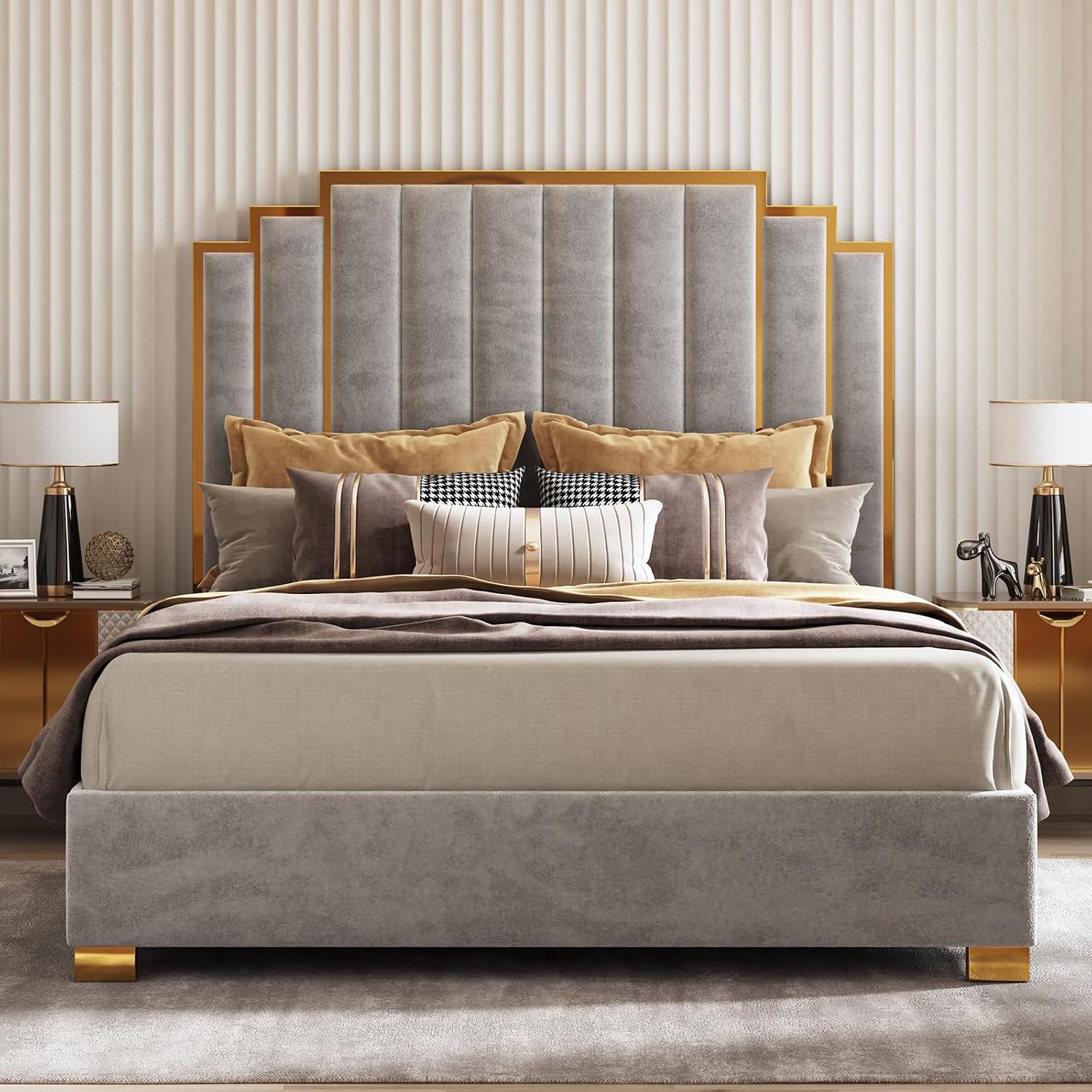 AMERLIFE King Size Upholstered Bed, Modern Velvet Bed Frame with 65.4' Tall Gold Trim Headboard, No Box Spring Needed, Grey