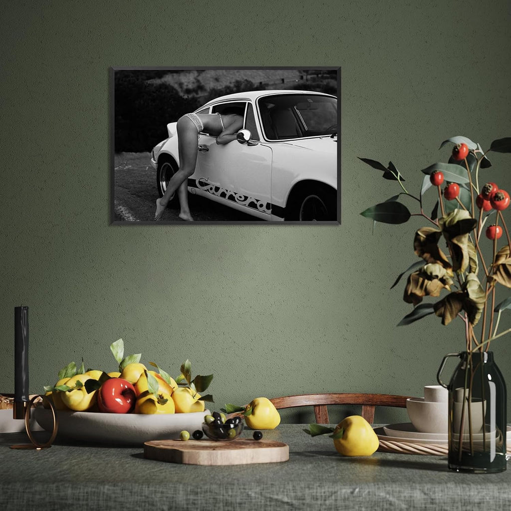 Vintage Supercar 911 Poster Sports Car Lover Canvas Wall Art Black And White Fashion Photography Sexy Women Prints Painting For Living Room Bedroom Apartment Wall Decor 24x36in Framed