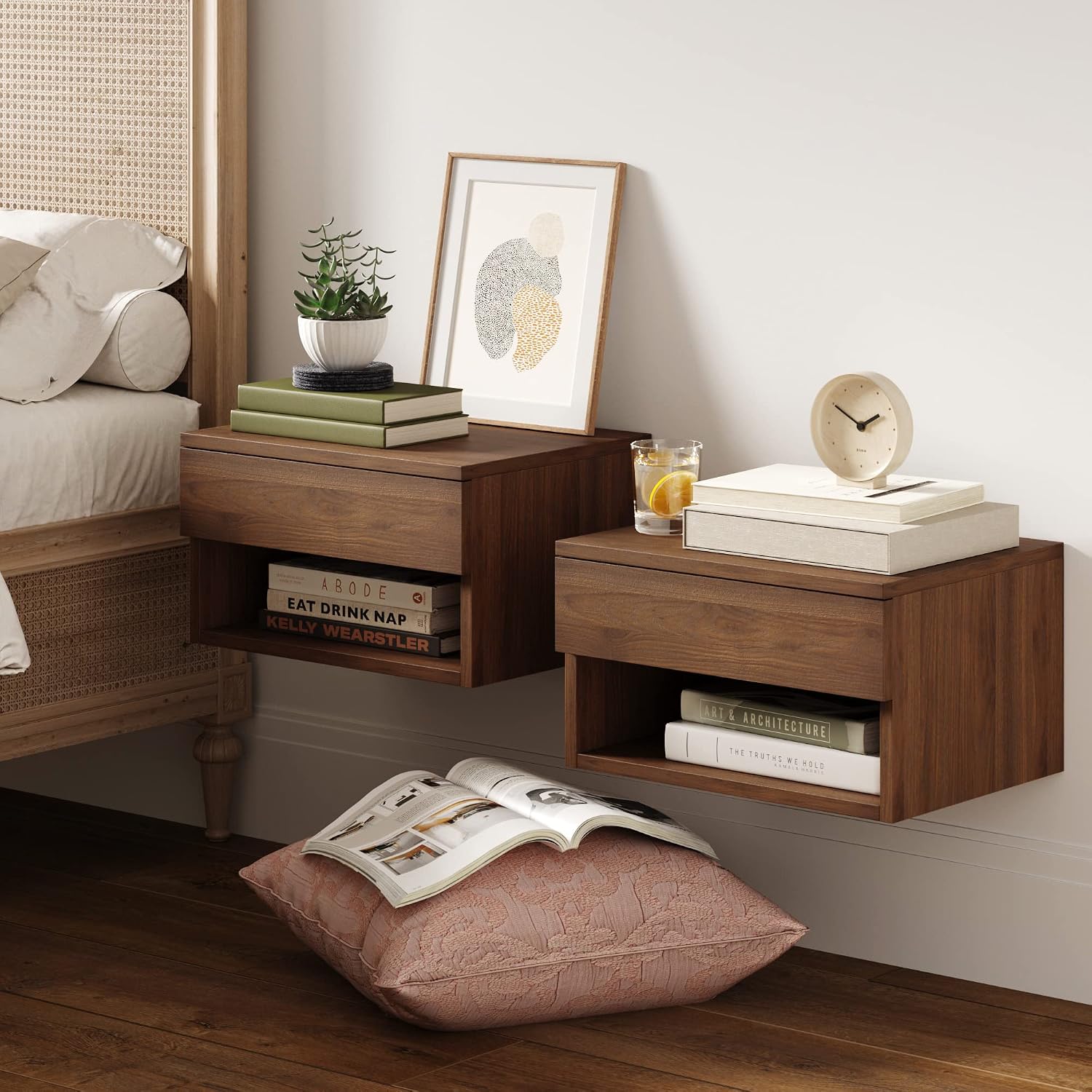 Nathan James Jackson Wall Mounted Floating Bedroom Nightstand with Storage Drawer and Modern Open Shelf Cubby Set of 2, Dark Brown Walnut