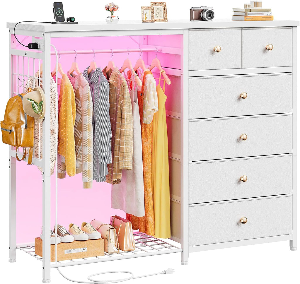 EnHomee 49.2' W Dresser with Hanging Rack & 6 Fabric Drawers for Bedroom, Featuring LED Lights and Charging Station, White Fabric Dressers & Chest of Drawers with Grid Panel & 4 Hooks, Wooden Top