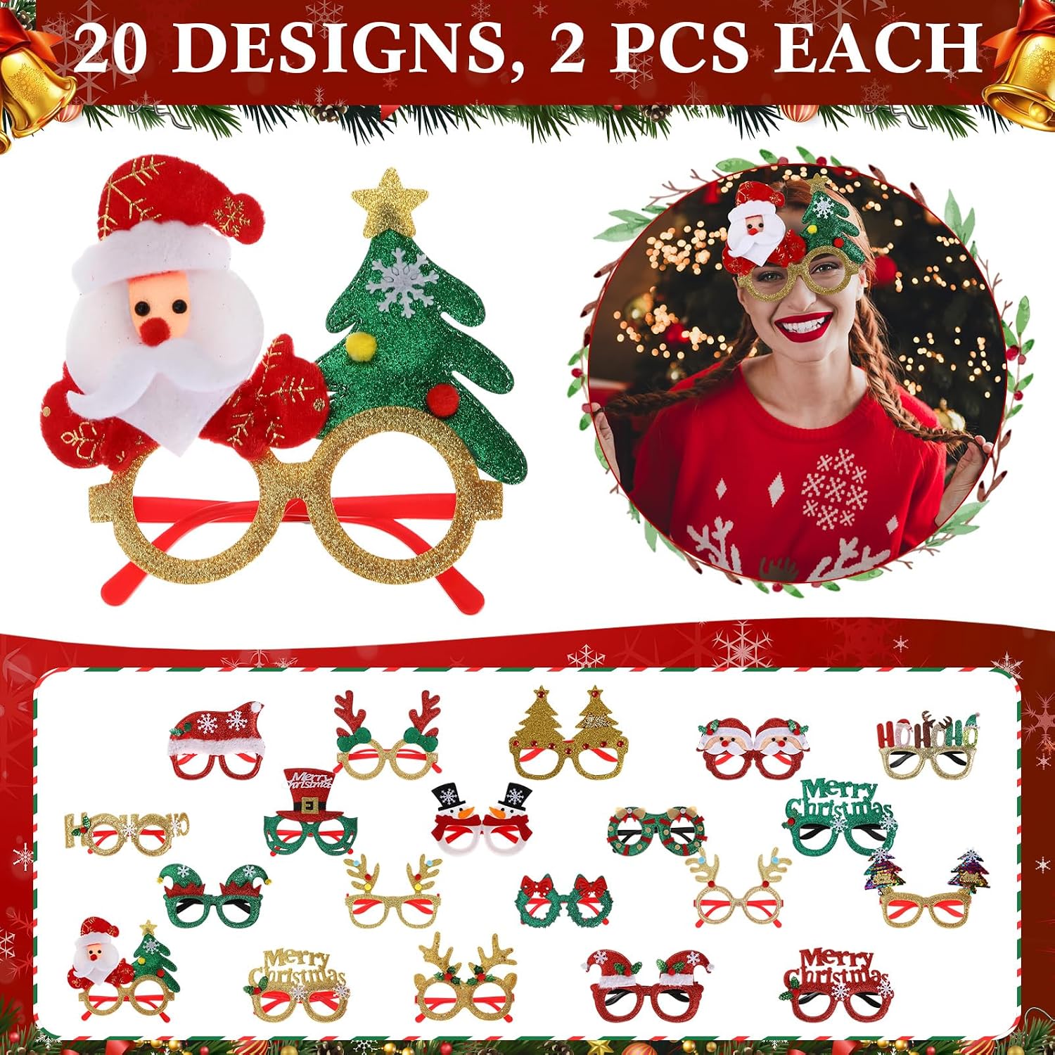 Hiboom 400 Pcs Christmas Party Favors Bulk, Xmas Gift Decorations Accessories, Glasses, Elk Headbands, Jingle Bell Necklaces, Glow Bracelets, Holiday Booth Props Supplies Stocking Stuffers