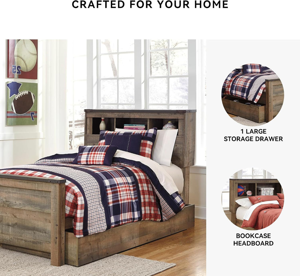 Signature Design by Ashley Trinell Casual Twin Bookcase Platform Bed with 1 Large Storage Drawer and Nailheads, Foundation or Box Spring Not Needed, Dark Brown