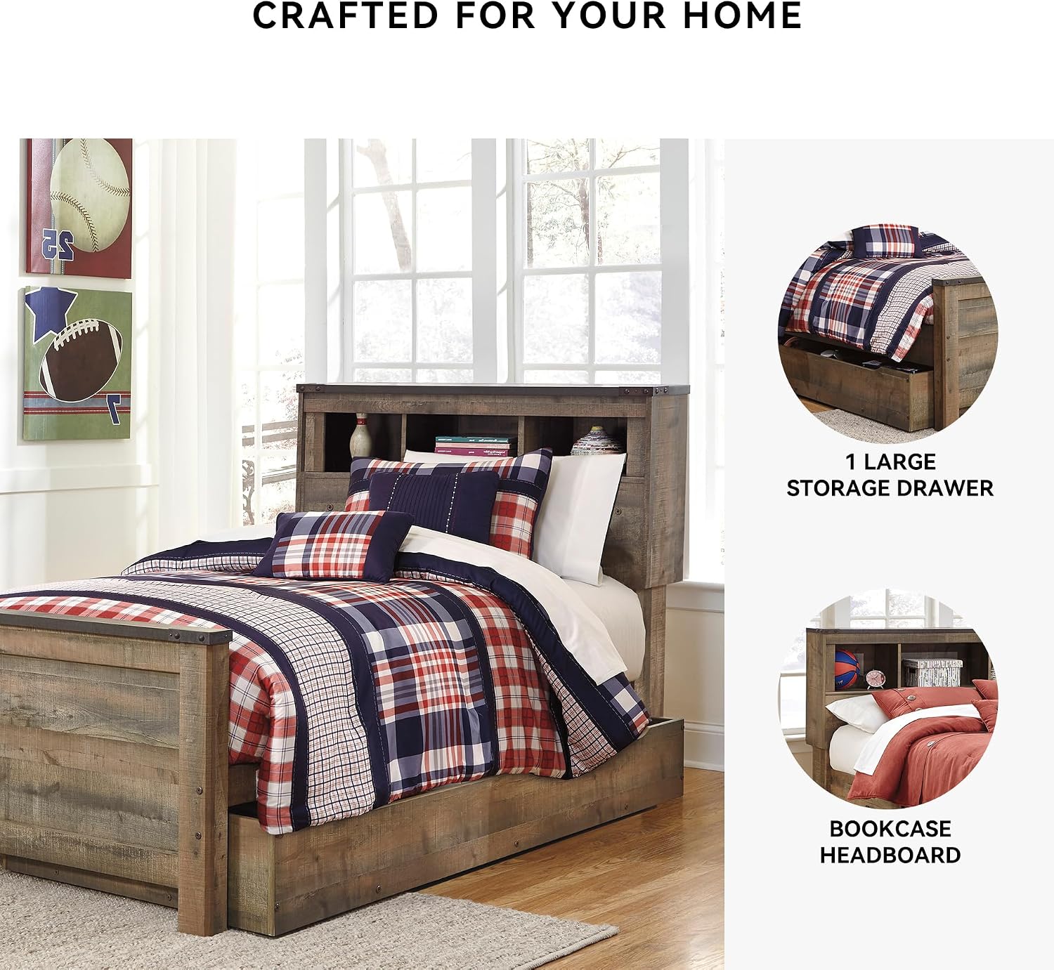 Signature Design by Ashley Trinell Casual Twin Bookcase Platform Bed with 1 Large Storage Drawer and Nailheads, Foundation or Box Spring Not Needed, Dark Brown