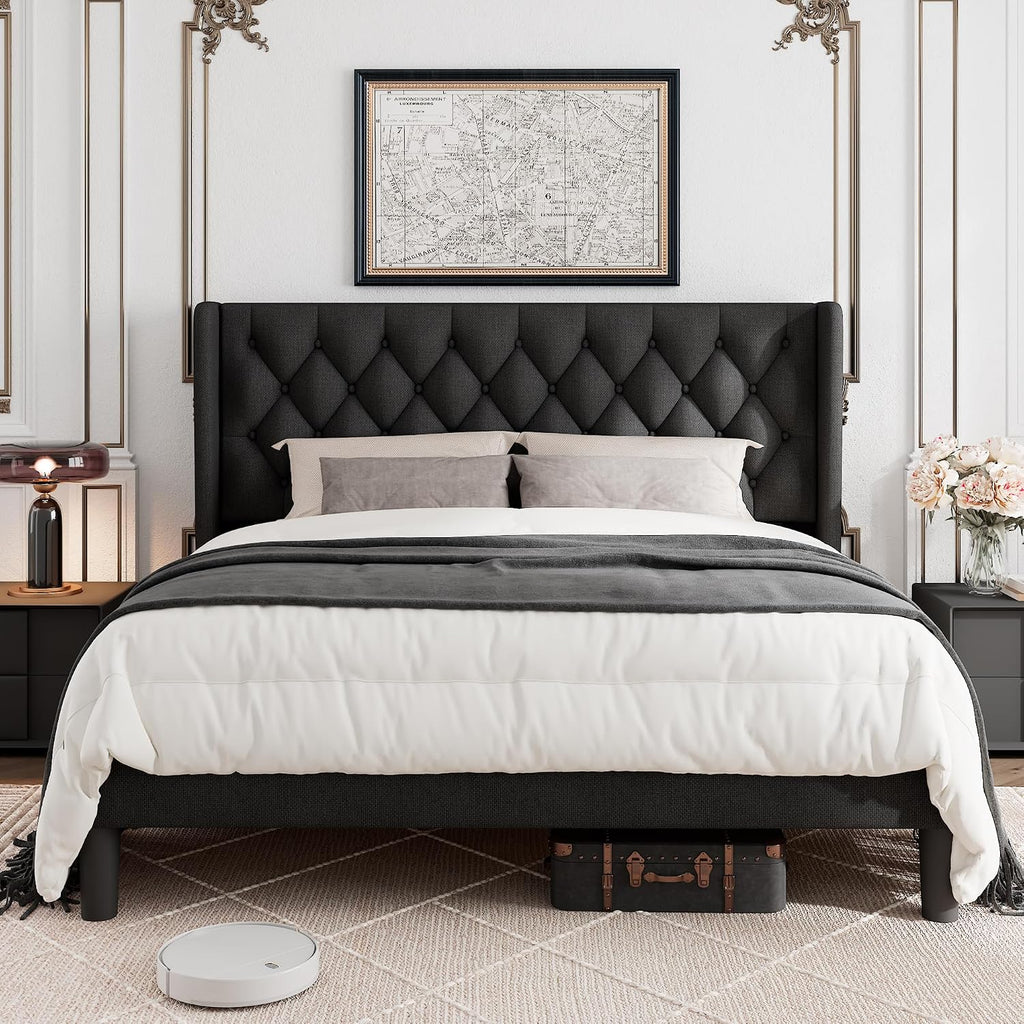 GalnFu King Size Bed Frame with Button Tufted Headboard, Upholstered Platform Bed Frame with UnderBed Storage, Wooden Slats Supports, Noise Free, No Box Spring Needed, Easy Assembly, Black